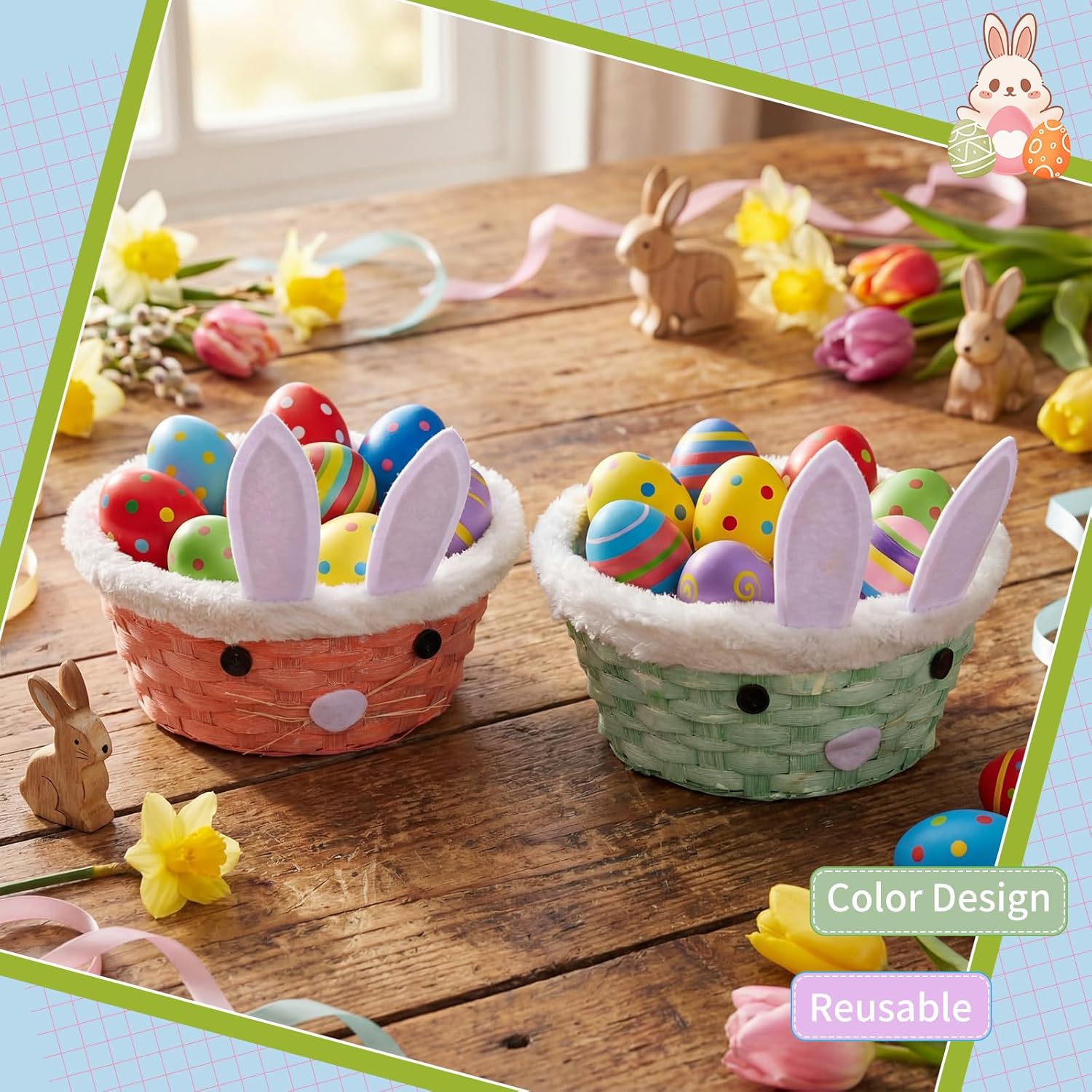 Didaey 6 Pcs Wicker Easter Basket with Rope Handles Woven Bamboo Easter Basket with Grass Raffia Filler Cute Rabbit Picnic Hamper for Egg Hunt Party Gifts (Pastel)