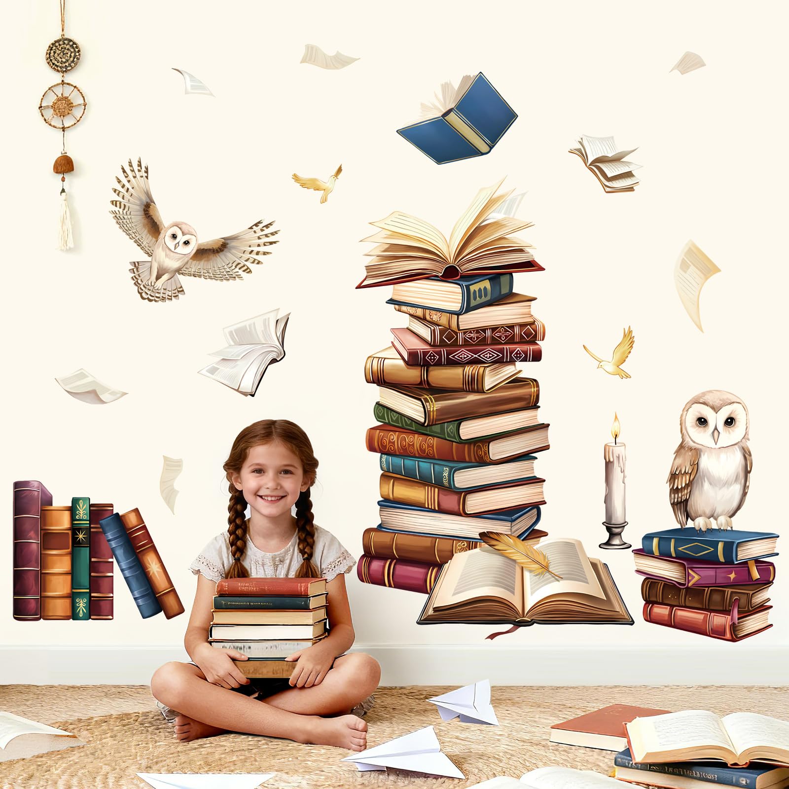 decalmile Kids Magic Book Wall Stickers Mysterious Library Owls Reading Corner Wall Decals Kids Playroom School Classroom Home Decor