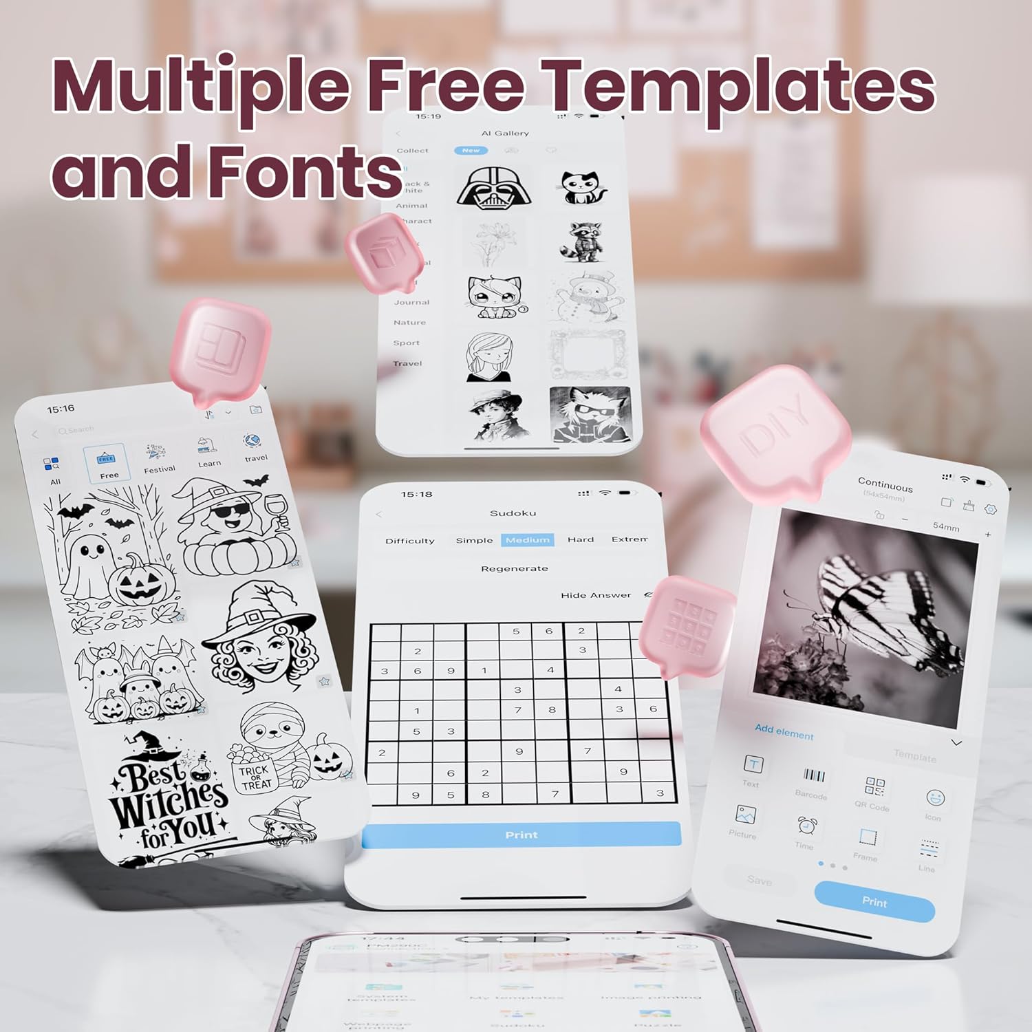 Sticker Printer, PM290C Thermal Mini Printer, Bluetooth Print Pod with 3 Rolls of Paper, Portable Print Pods for Phone & Tablet, Sticker Maker Machine for Notes, Photos, Journal, Rose - Image 3