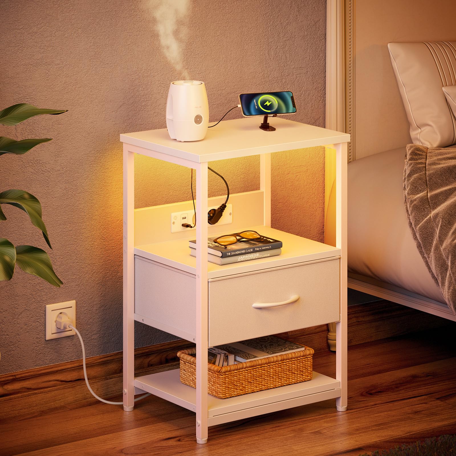 Comodino Rolanstar Con Luci LED E Stazione Di Ricarica USB, 2 Cassetti In Tessuto, Tavolino Da Divano, Bianco
