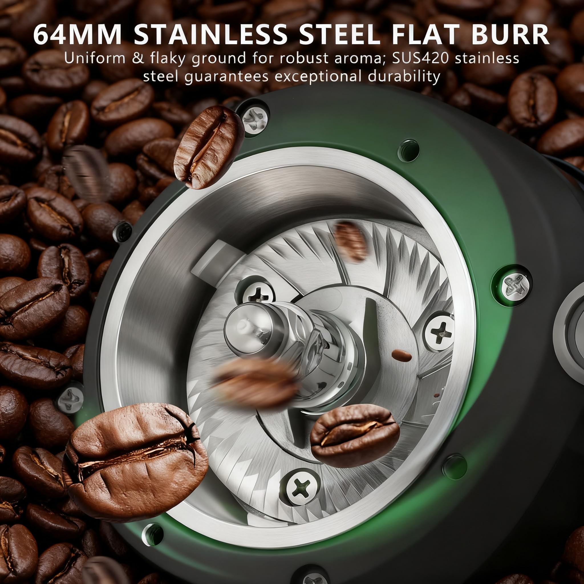 Molinillo de café comercial de fresa plana, fresa de 64 mm con 9 ajustes precisos para espresso y vertido, modos de dosificación dual con tolva de gran capacidad y soporte para portafiltro white