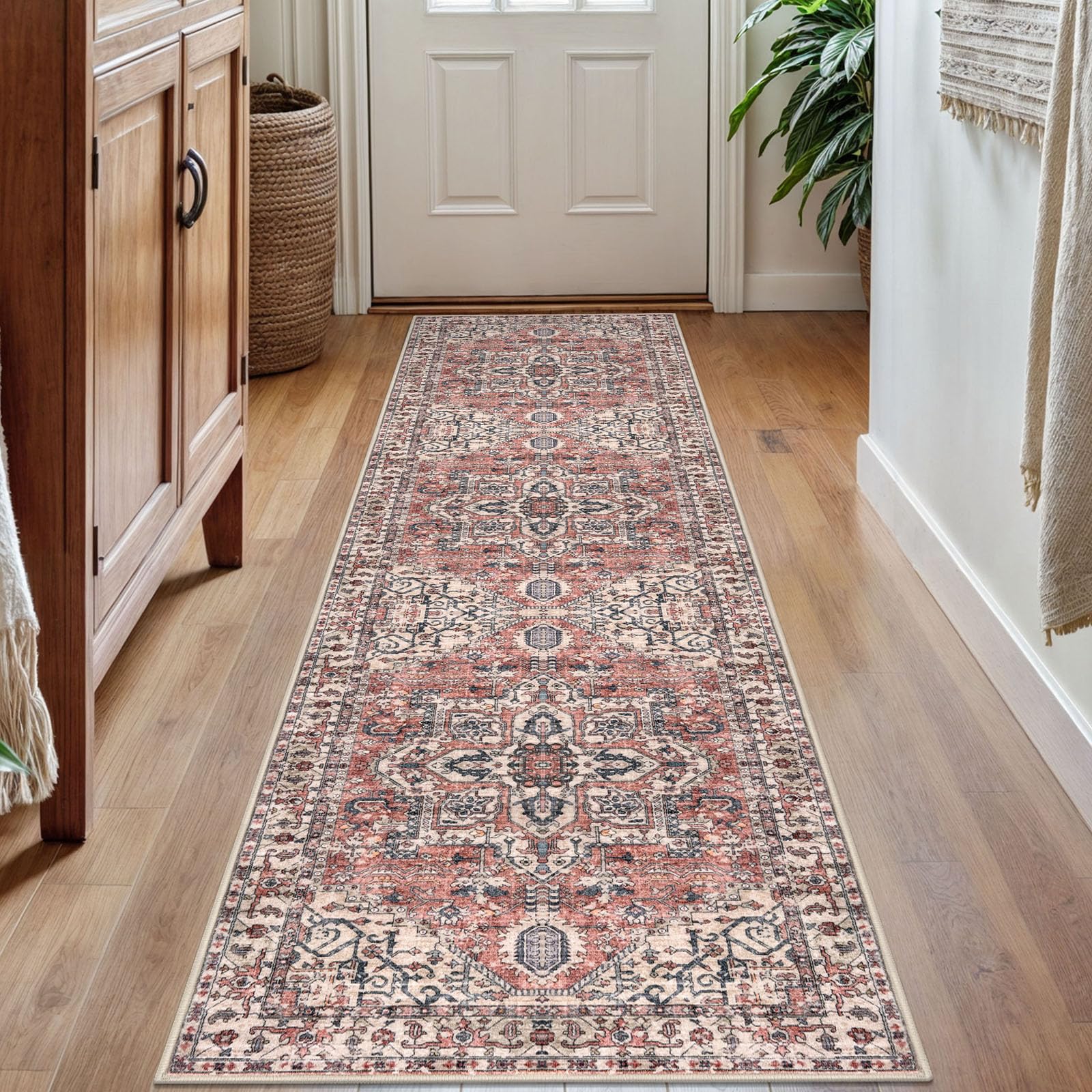 KOZYFLY Runners for Hallways 2x7 Ft Washable Kitchen Runner Rug Boho Runner Rug for Entryway Indoor Printed Faux Wool Long Floor Carpet Runner for Bedroom Laundry Kitchen Hallway, Terracotta/Beige — image 1