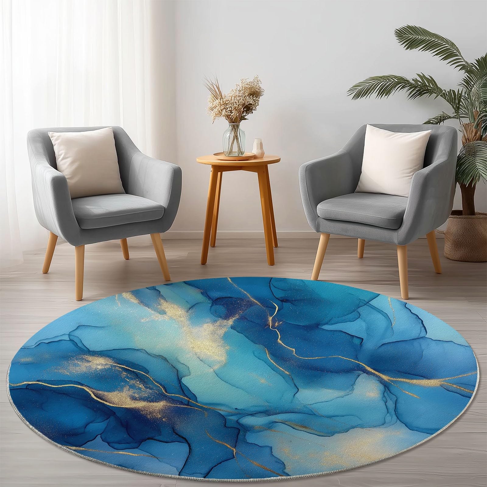 Generisch Teppich Rund 160 cm Abstrakter Eleganter Marmor, rutschfest Teppiche Wohnzimmer, Runder Waschbar Rund Teppiche Kurzflor, Weich Runder Teppich Blau Gold for Wohnzimmer Schlafzimmer Studie