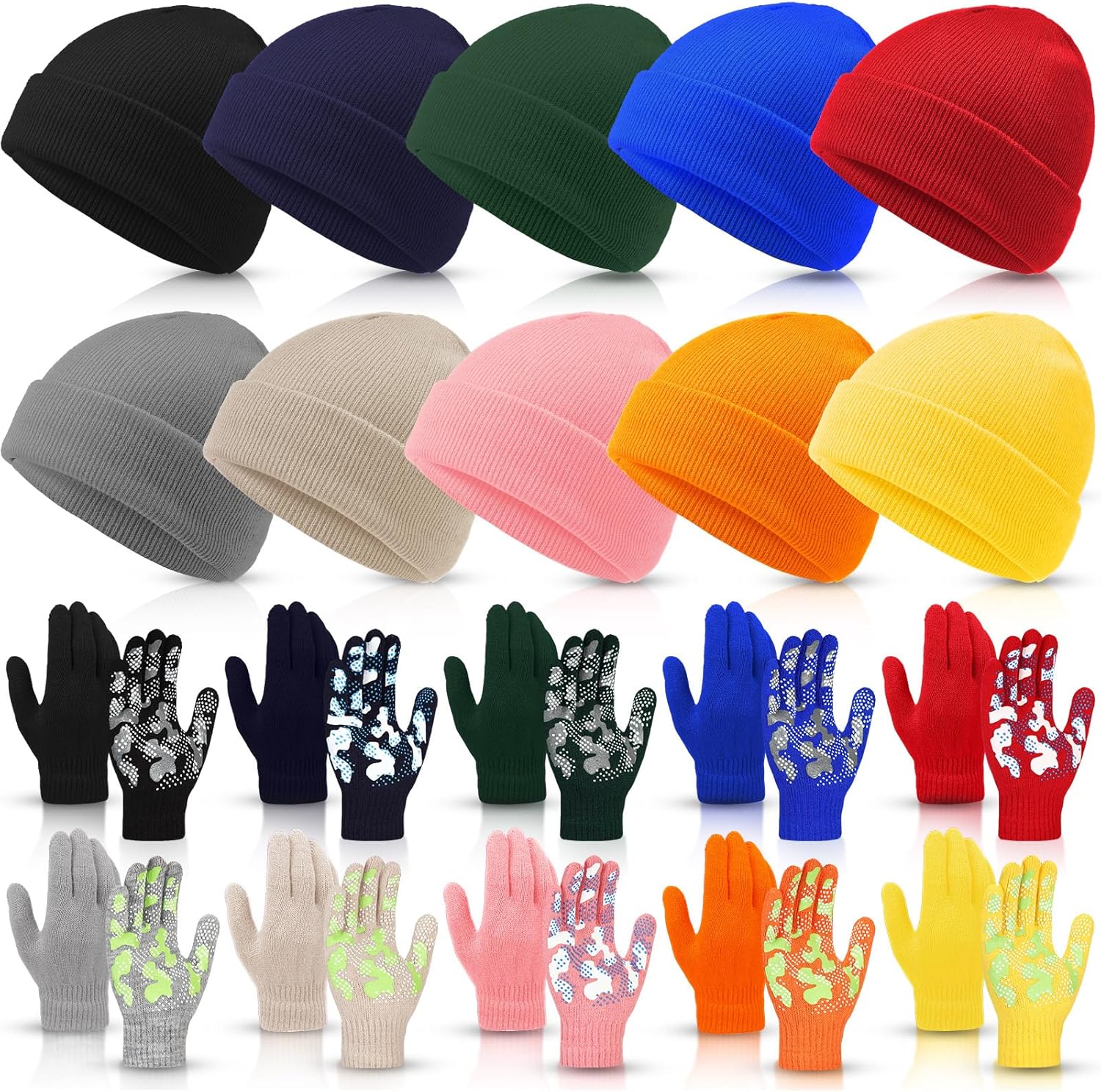 JaGely 20 Pcs Kids Hats Gloves Winter Bulk Knit Beanie Caps Warm Anti-Slip Gloves for Ages 5-10 Boys Girls