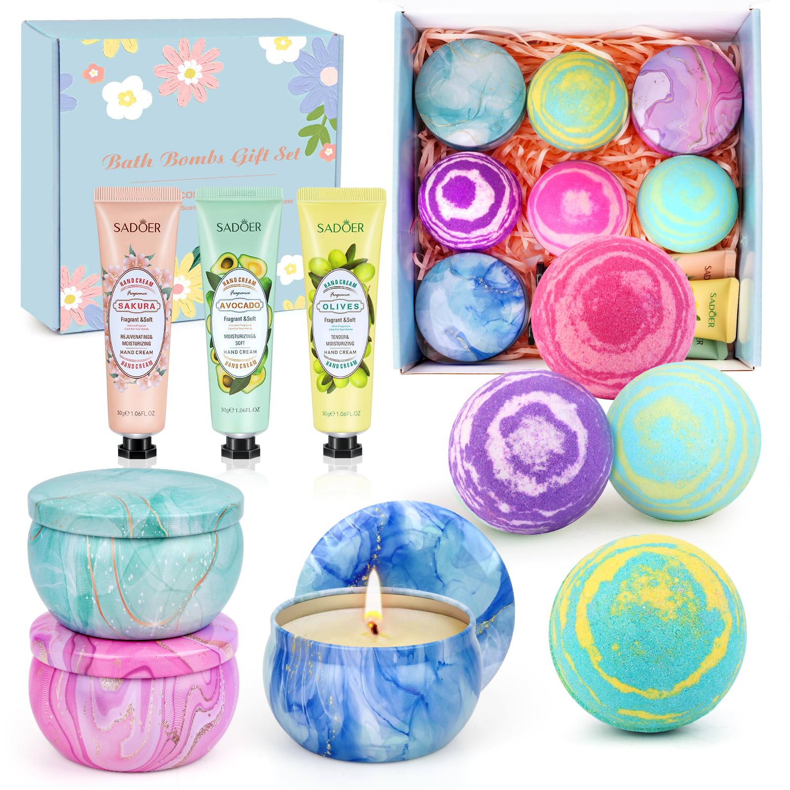 Bath Bombs for Women Gift Set - 4 Large Bath Bombs + 3 Scented Candles + 3 Hand Lotions, Handmade Moisturizing SPA Gift Baskets Fizzy Bath Bomb, Ideal Gift for Mother's Day, Birthday,Valentine's Day