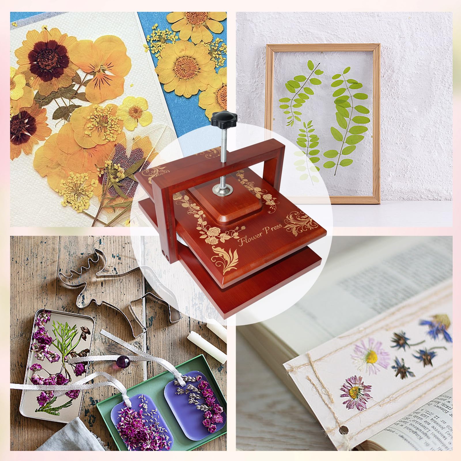 Whemyreat Pressa per Fiori in Legno per Rilegatura, Set Fai da te e Bricolage per Piante Floreali Pressate, Pressa di Carta per Libri con 6 Pezzi di Carta