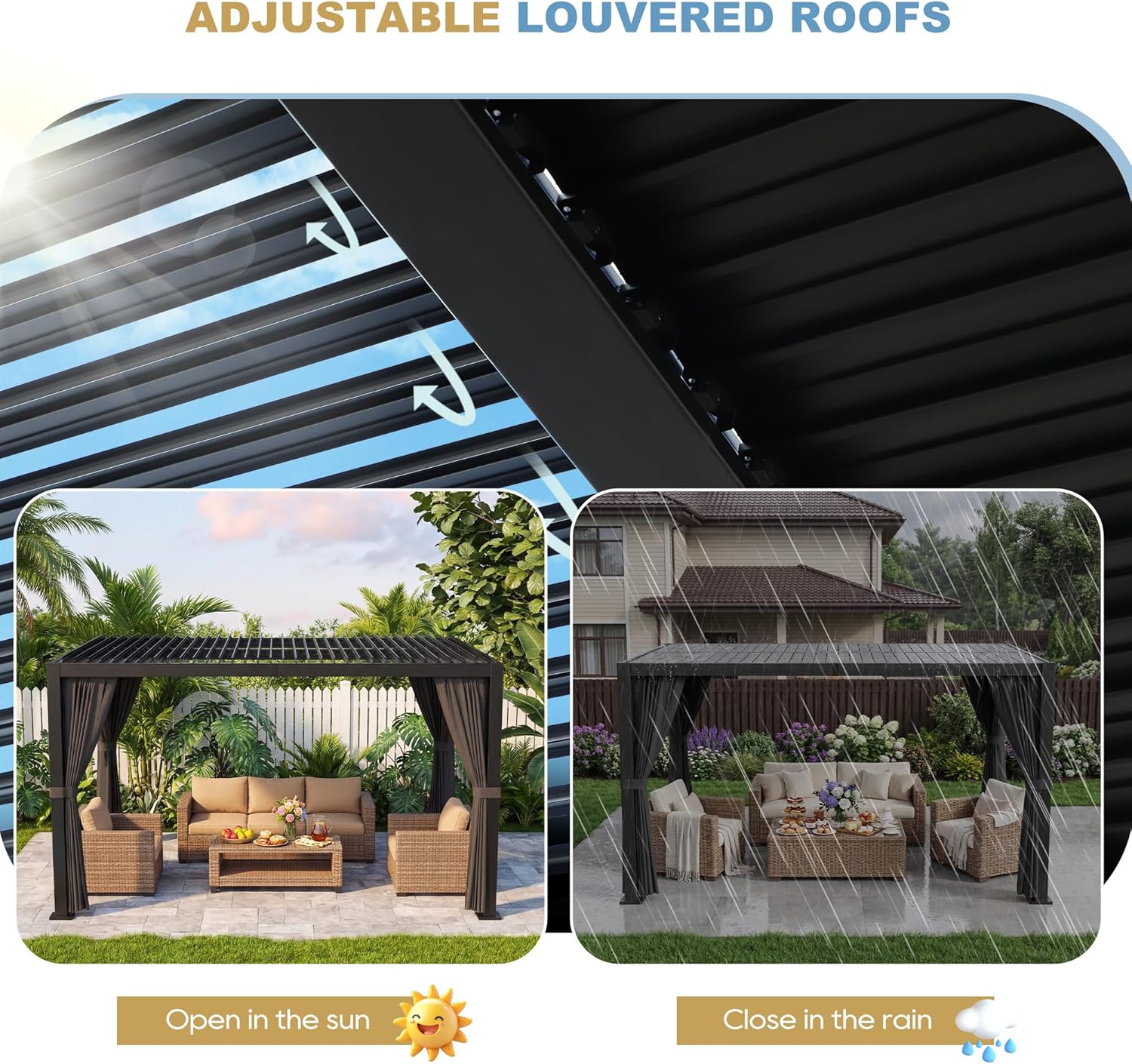 10' ×13' Aluminum Louvered Pergola, Outdoor Pergola with Curtains & Netting, Outdoor Hardtop Gazebo with Adjustable Roof, All-Weather Metal Pergola for Patio, Garden, Deck (Black with Curtain)
