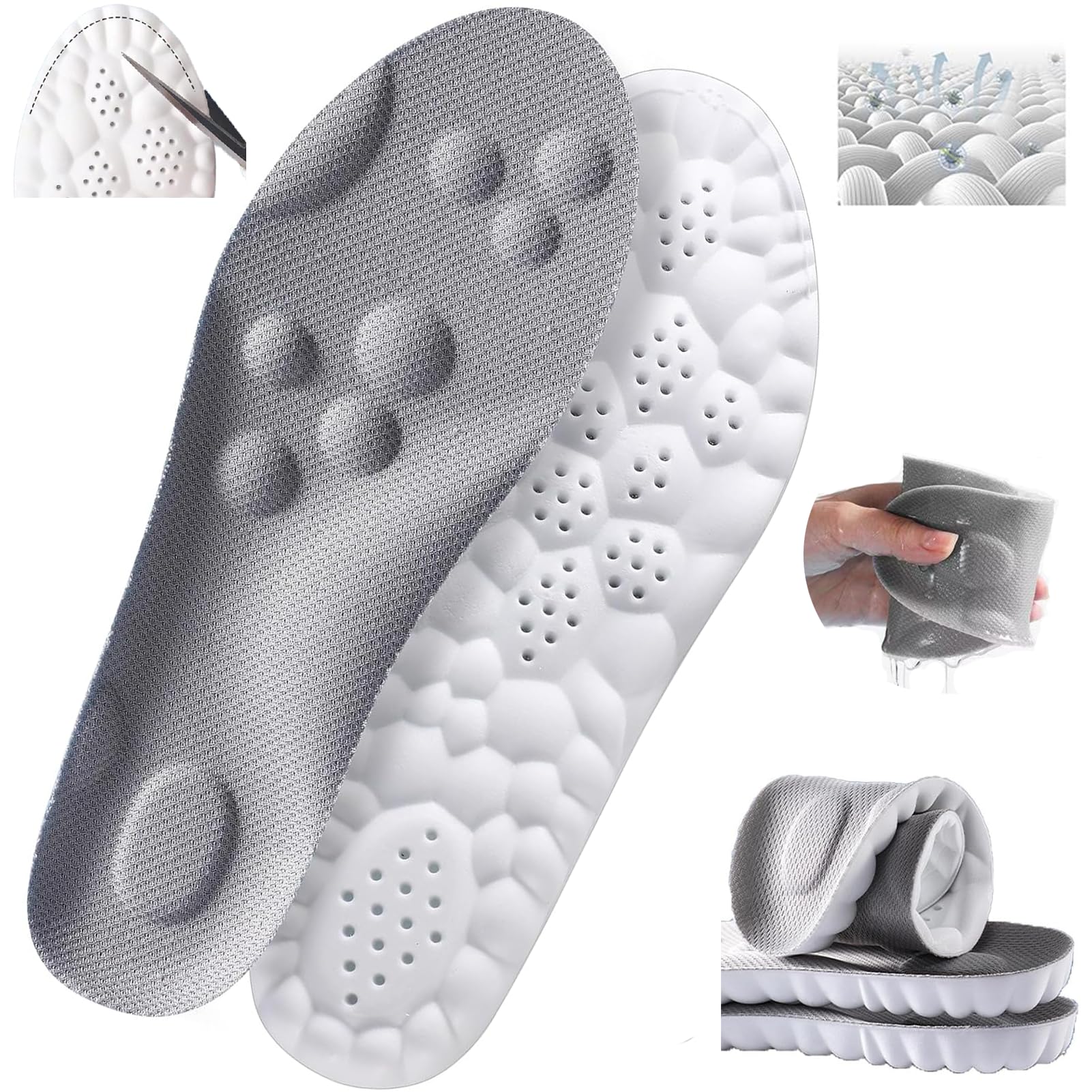 4D Cloud Insole for Men, Cloud Soles for Women, Super Soft Comfort Insoles, U-Shape Memory Foam Insoles, 4D Technology Steppers Insoles Men (Gray,