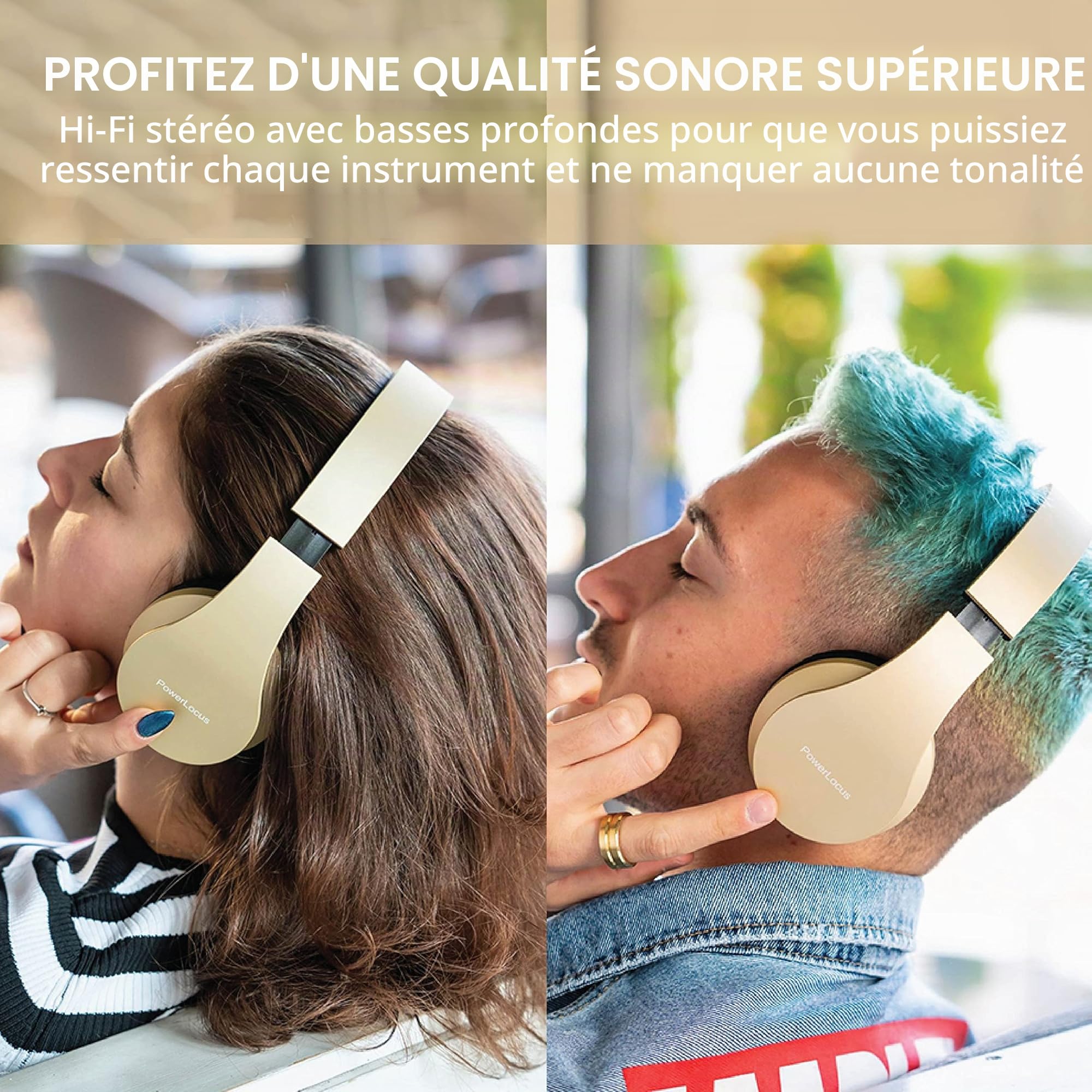 PowerLocus Casque Bluetooth sans Fil avec Micro intégré - Hi-FI Stereo – Micro SD/TF, FM Radio – Casque Pliables – pour iPhone/Android/iPad/Ordinateurs Portables (Or)