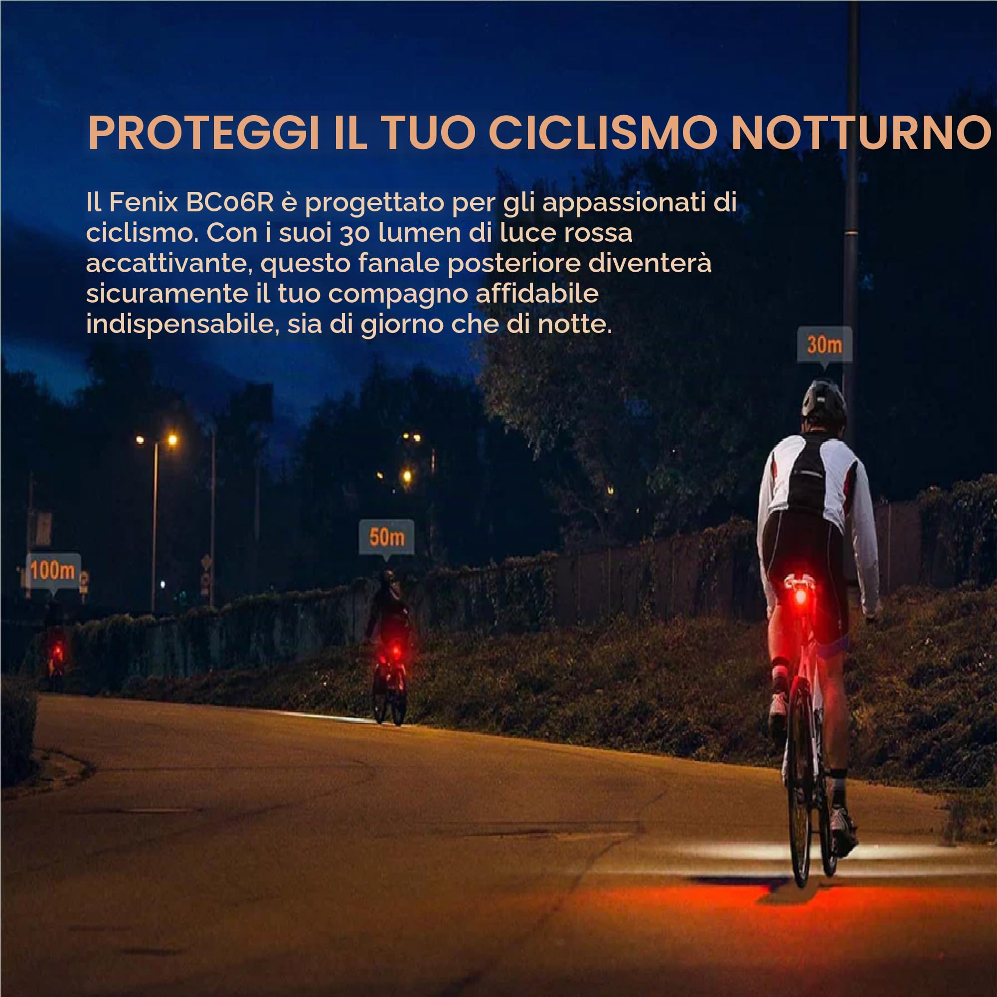 Fenix BC06R - Luce posteriore ricaricabile per bicicletta, 30 lumen, 100 m, 24,5 ore massime, bassa e alta potenza con più modalità di allarme, funzione frenata 90 lumen, IP66