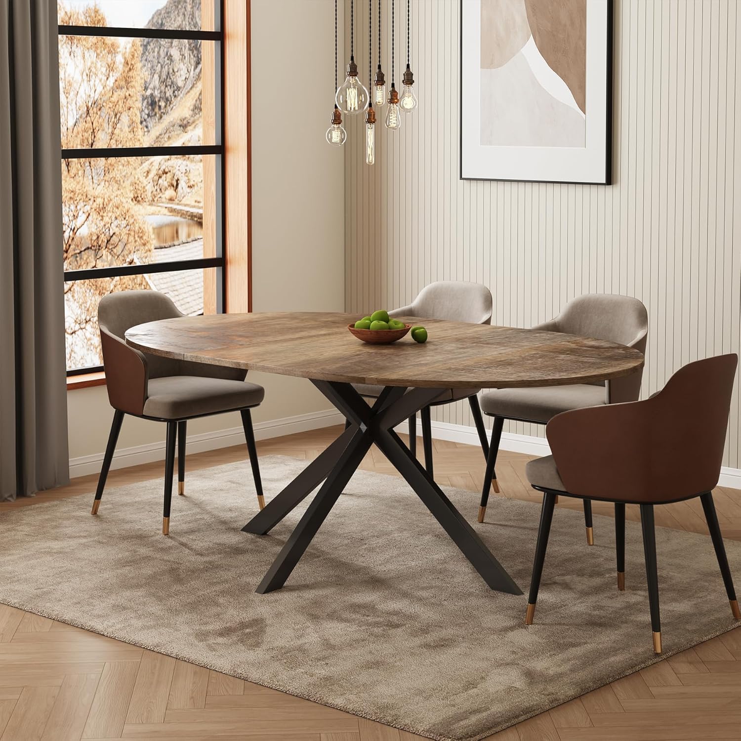 59-Inch Extendable Round Dining Table for Dining Room, 4-6 People Large Expandable Kitchen Dinner Tables with Oval Wood Top and Industrial Metal Frame for Dinner Room, Small Space, Black Brown
