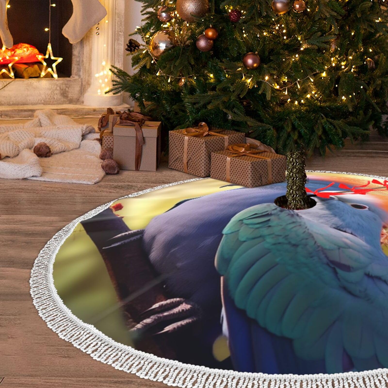 Jupe de sapin de Noël en peluche avec pompons 121,9 cm motif oiseaux amoureux pour le Nouvel An