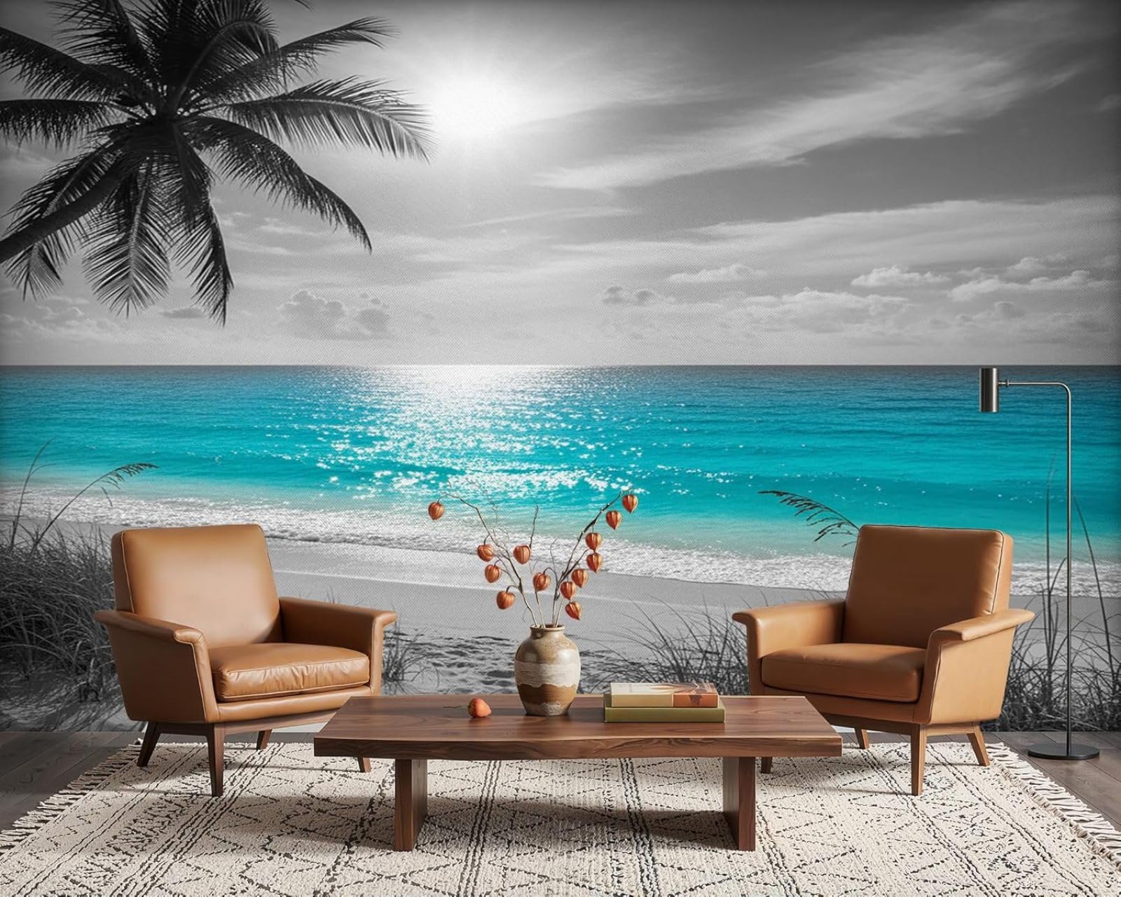 Photo wallpaper Palm trees Sea Beach Black and white Sandy beach Ocean Modern Wall mural Living room Bedroom Children's room Wall decoration Motif wallpaper, 400cm x 280cm Stickers - Frameless Paintin