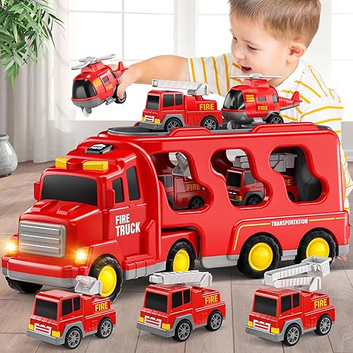 Camiones de bomberos 5 en 1, juguetes para niños pequeños de 3 a 5 años, juguete de camión con sonido ligero, regalos de cumpleaños para niños de 3,