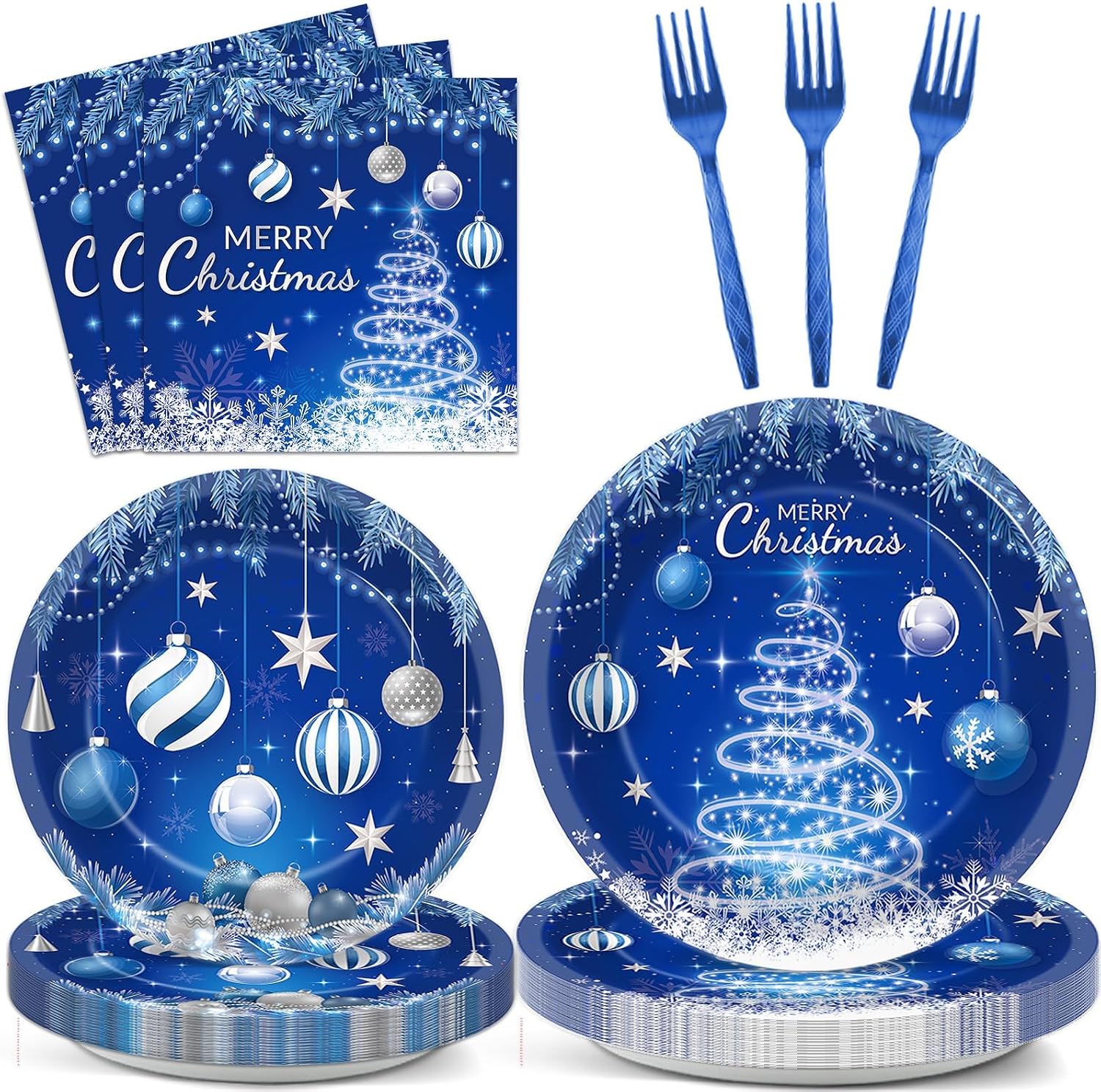 96PCS Christmas Plates and Napkins Christmas Tree Tableware Set for Xmas party Decorations Glitter Blue Christmas Ball Snowflake Disposable Dessert Paper Plates Napkins Forks for 24 Guests