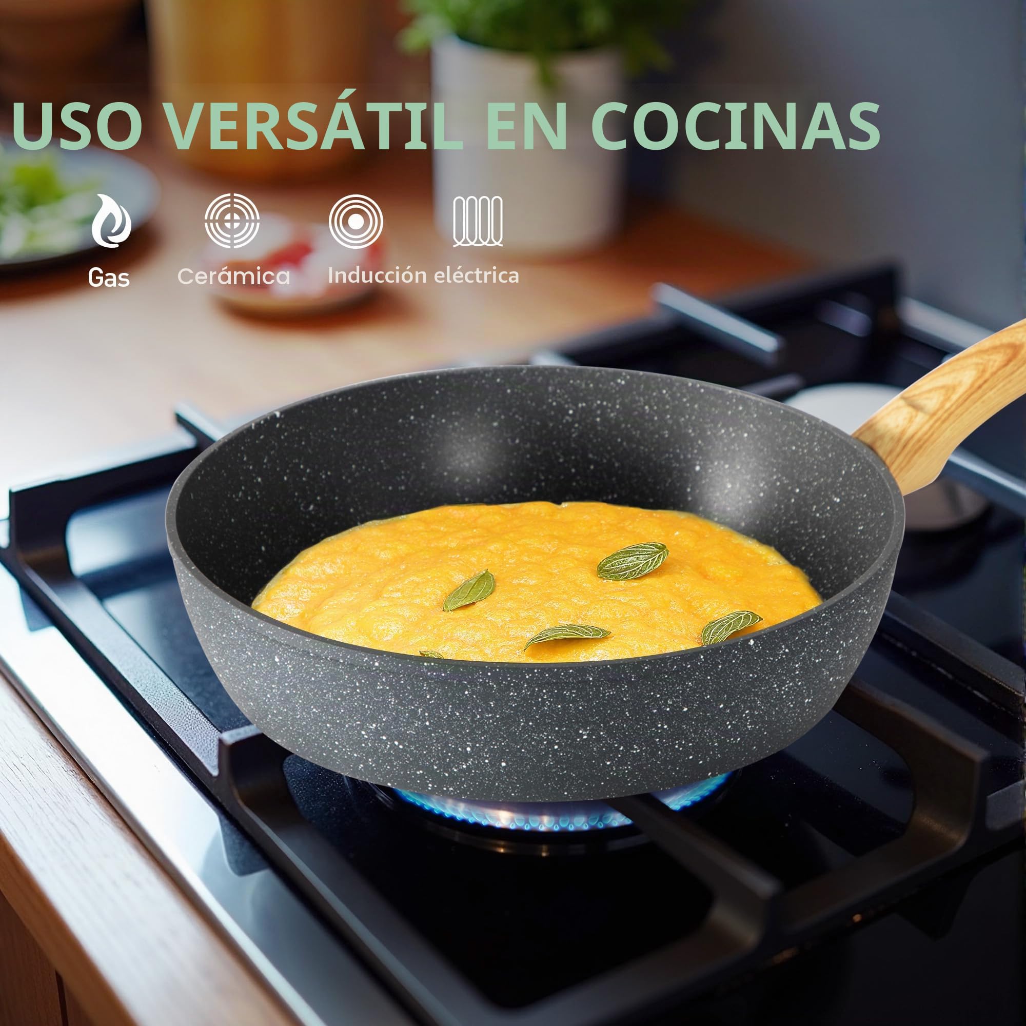 Kitchen Academy Juego de ollas y sartenes,12 piezas,revestimiento antiadherente,juego de utensilios de cocina con tapa, para inducción,cocinas de gas y microondas,color gris (KA-CS01-001)