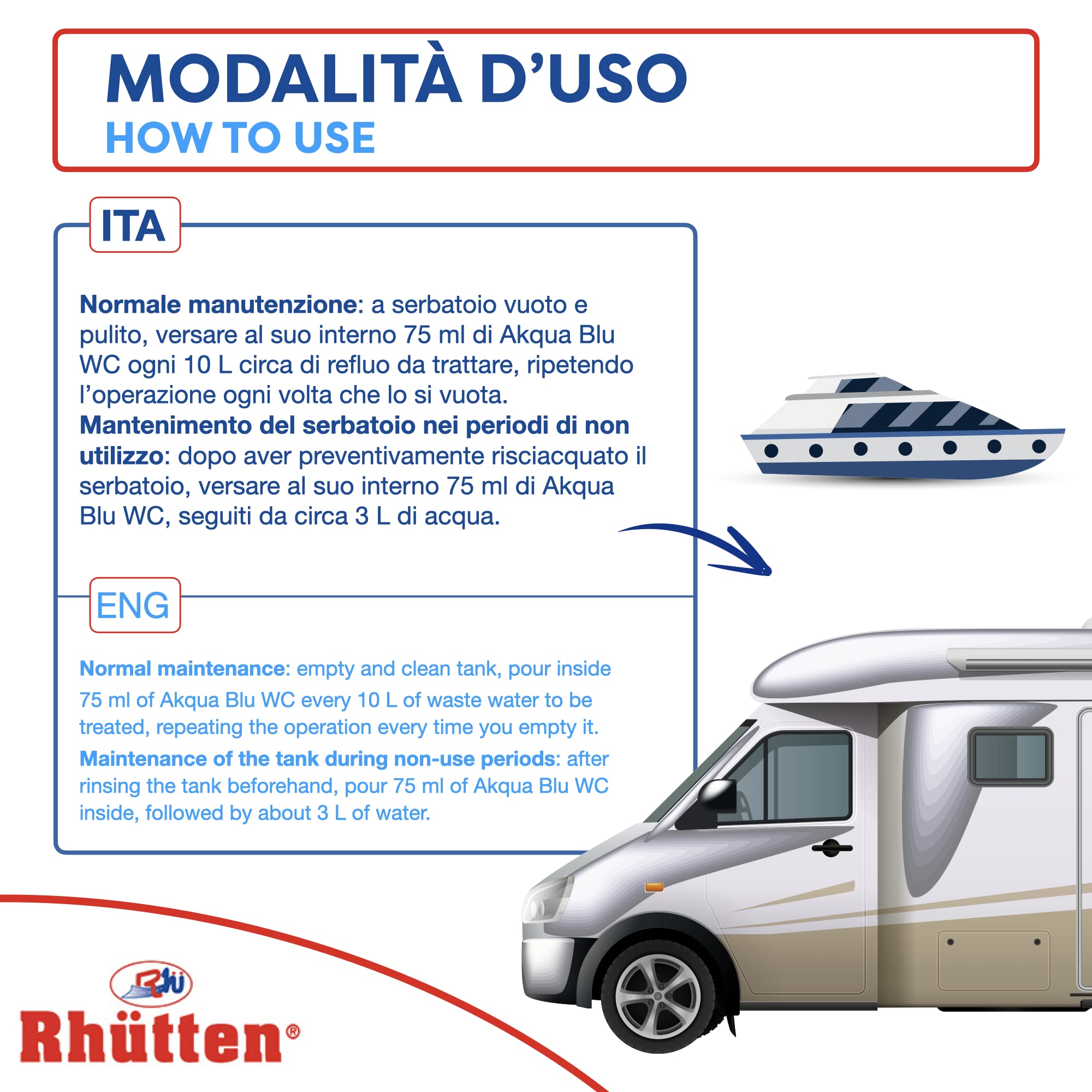Rhutten, Akqua Blu Wc, Disgregante Wc Camper, Liquido Acque Nere, Acqua Blu, Wc Chimico, 2L