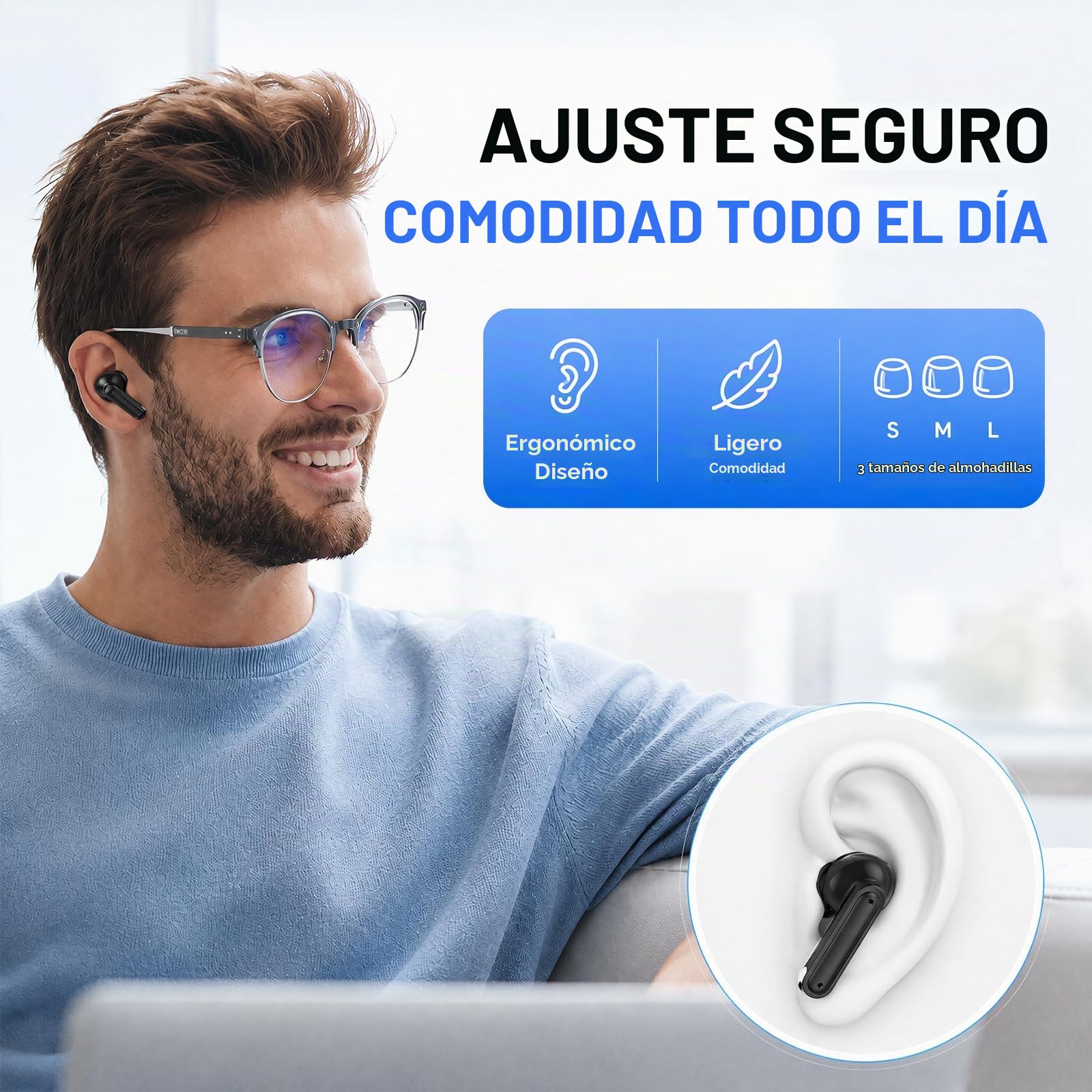 Auriculares Inalámbricos Bluetooth 6.0 con ENC, Carga USB-C, IPX7, Negro | 4 Mic con Reducción de Ruido ENC, 50H con Graves, Carga Rápida USB-C,ergonómico ligero para uso cómodo