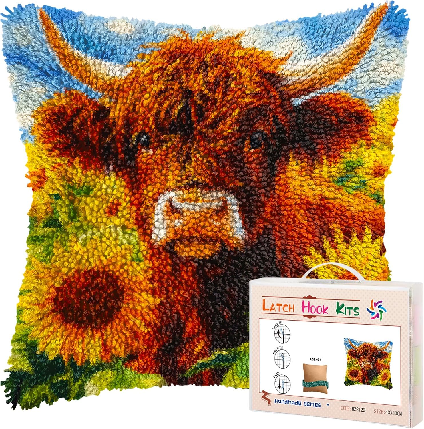 Generic DIY Latch Hook Pillow Kits - Cute Brown Highland Cow & Sunflowers Printed Pillowcase - Crochet Yarns & Hook - 17x17inch - For Adults