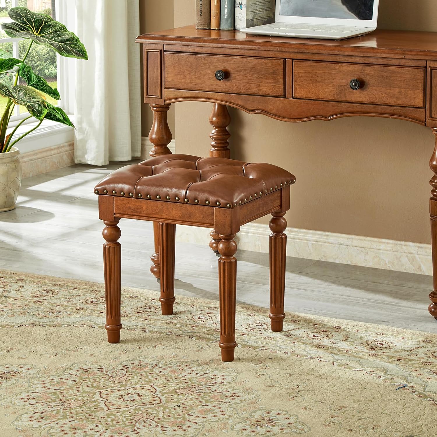 Vanity Bench Stool with Microfiber Leather Cushion, Vanity Chair Ottoman Dressing Stool with Solid Wood Legs for Bedroom, Makeup Room, Dressing Room, Easy Assembly (Brown)