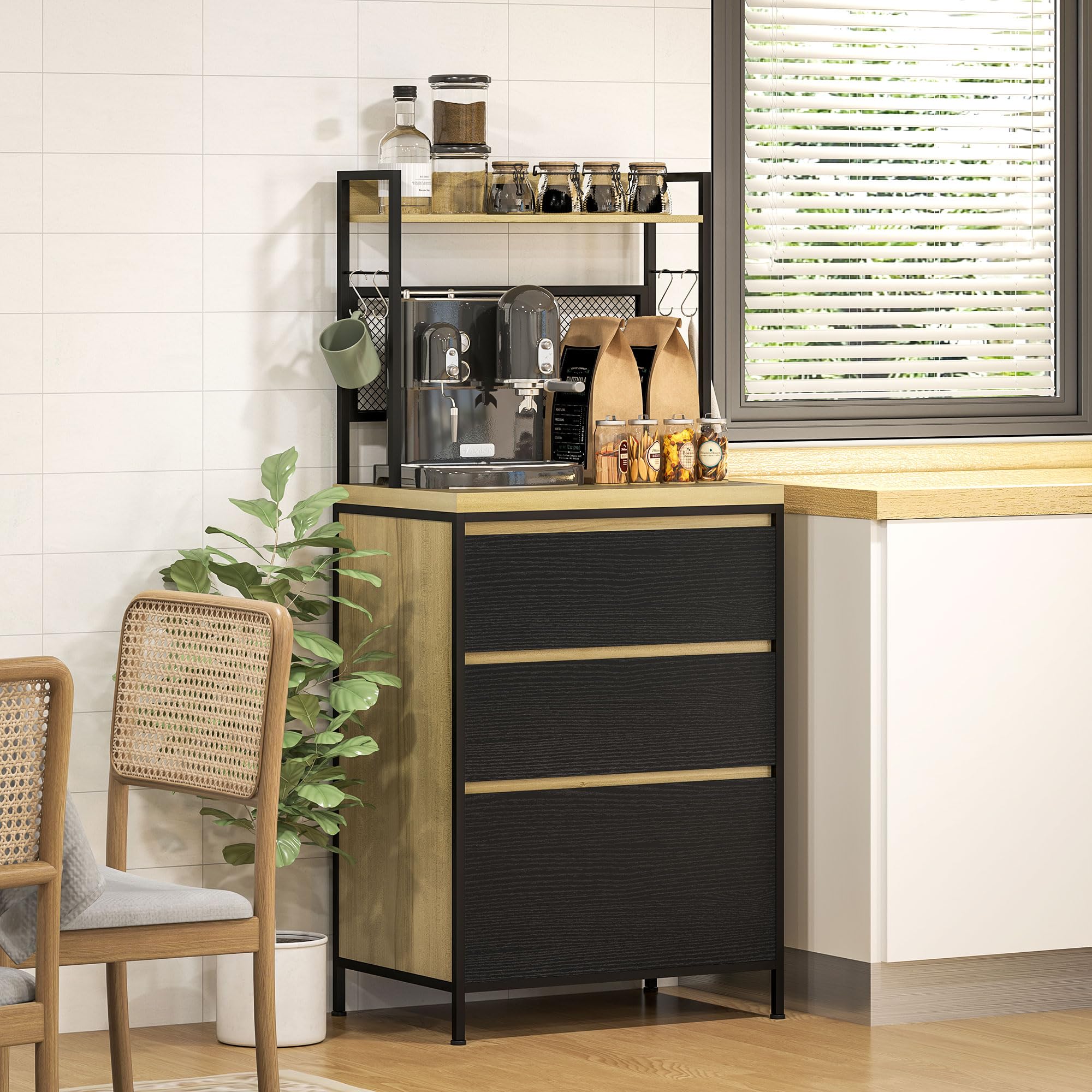 HOMCOM Armoire de Cuisine Buffet Industriel 60x40x132cm Bois Naturel | Meuble de Rangement, 3 Tiroirs, Plan de Travail, Étagère, 4 Crochets, Meuble Micro Onde, Salle à Manger, Salon