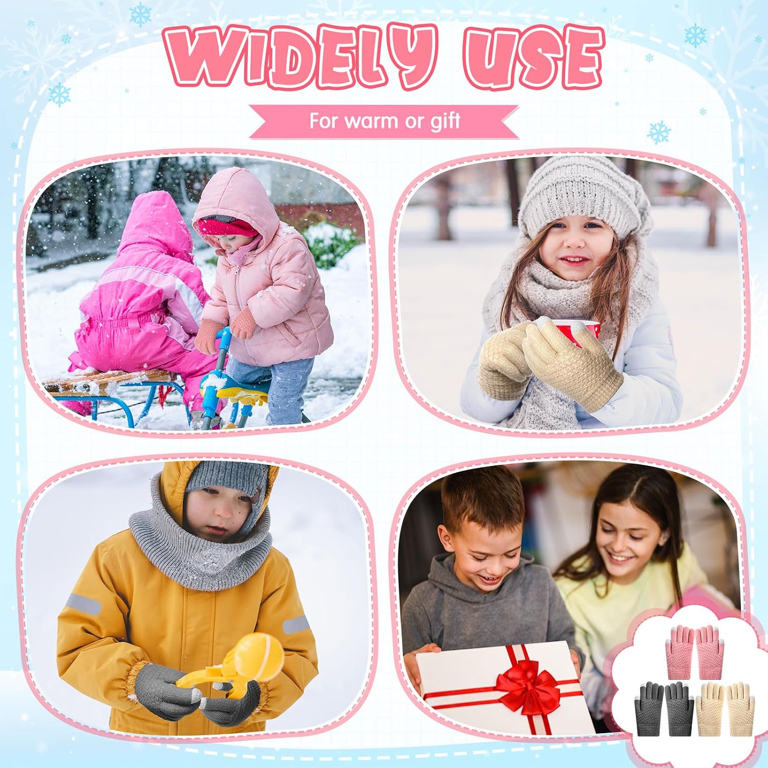 3 Pairs Winter Kids Gloves Thermal Fleece Lined Thick Warm Stretchy Gloves for Cold Weather Boys Girls