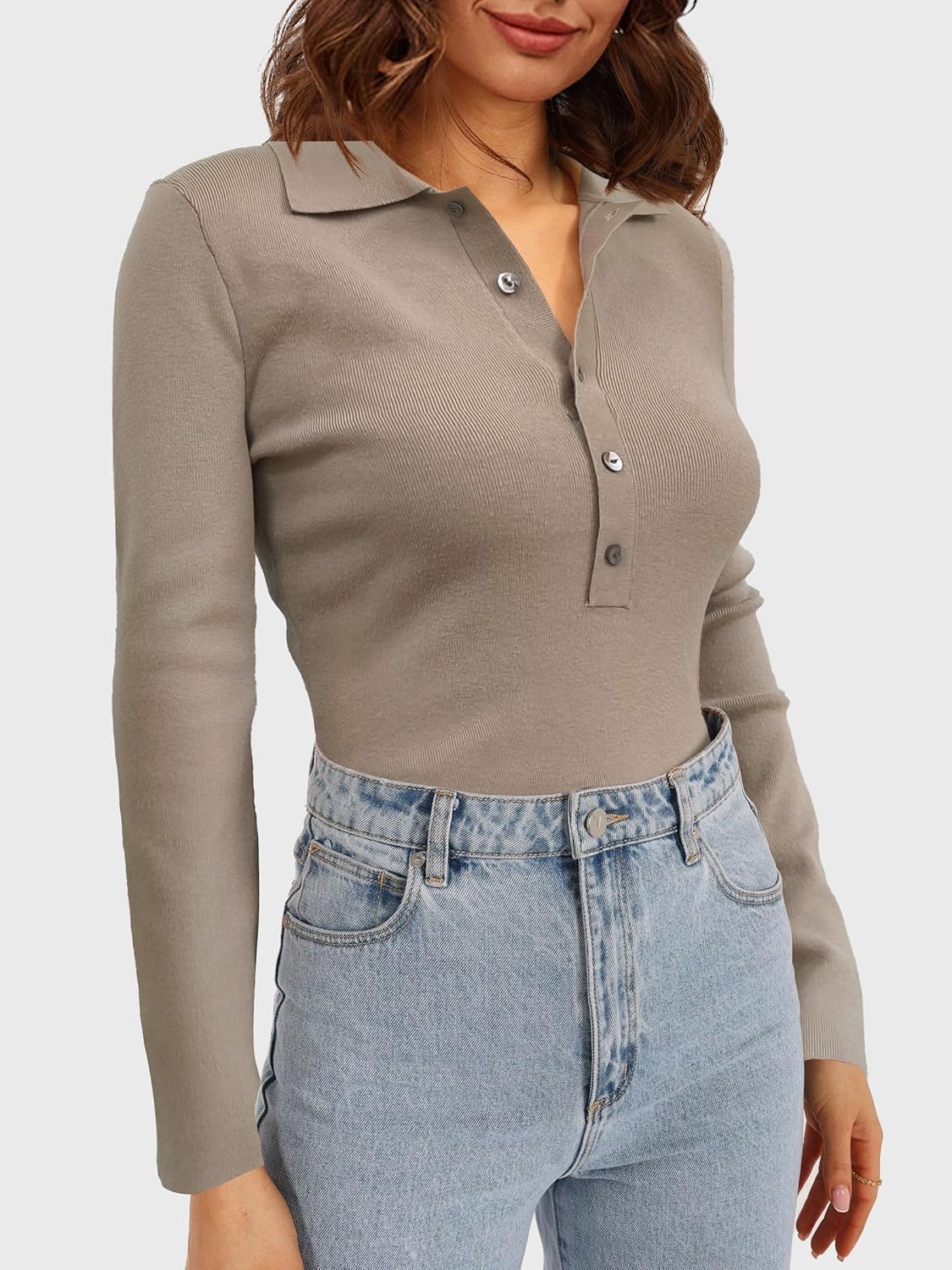 SuperPrity Long Sleeve Shirts for Women Spring Fashion V Neck Button Polo Sweaters Stretch Slim Fitted Knit Basic Tee Tops - Image 2