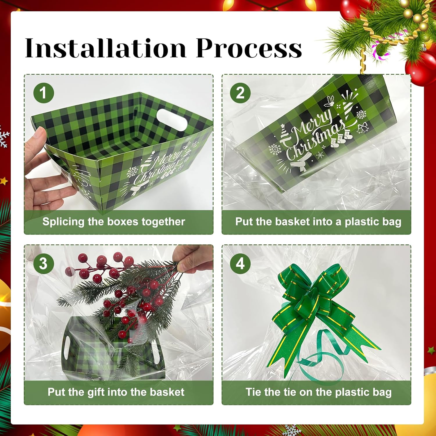 CIEOVO 24 Set Christmas Party Baskets with Cellophane, Bows, Market Tray for Christmas Xmas Holiday Party Decor