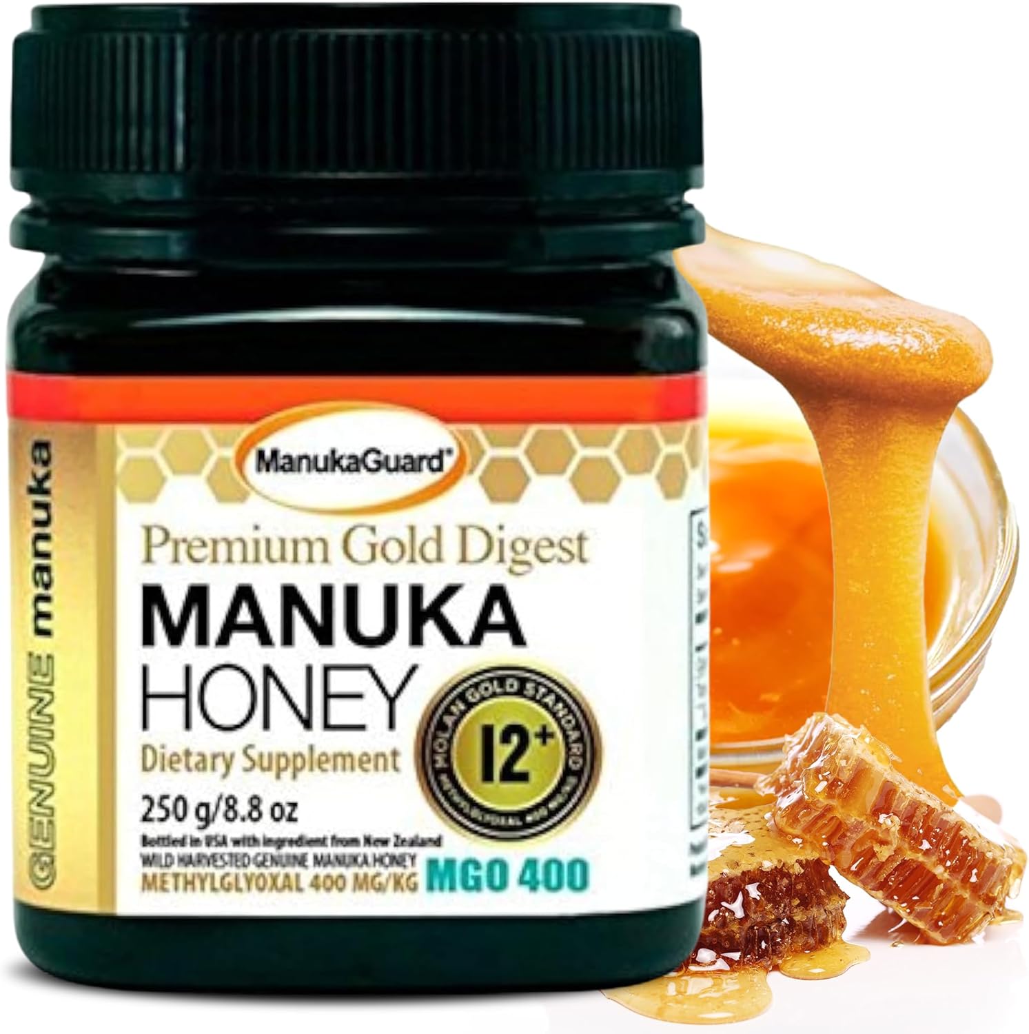 ManukaGuard Premium Gold Manuka Honey MGO 400+ | Raw Medical-Grade New Zealand Honey for Digestive Support, Unpasteurized, Pure | 8.8 oz
