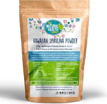 Hawaiian Spirulina Powder 120 g   The Natural Health Market | Organic Vegan Superfood Rich in Iron, Protein, Vitamins B12 A K1 K2, Antioxidants & Phycocyanin