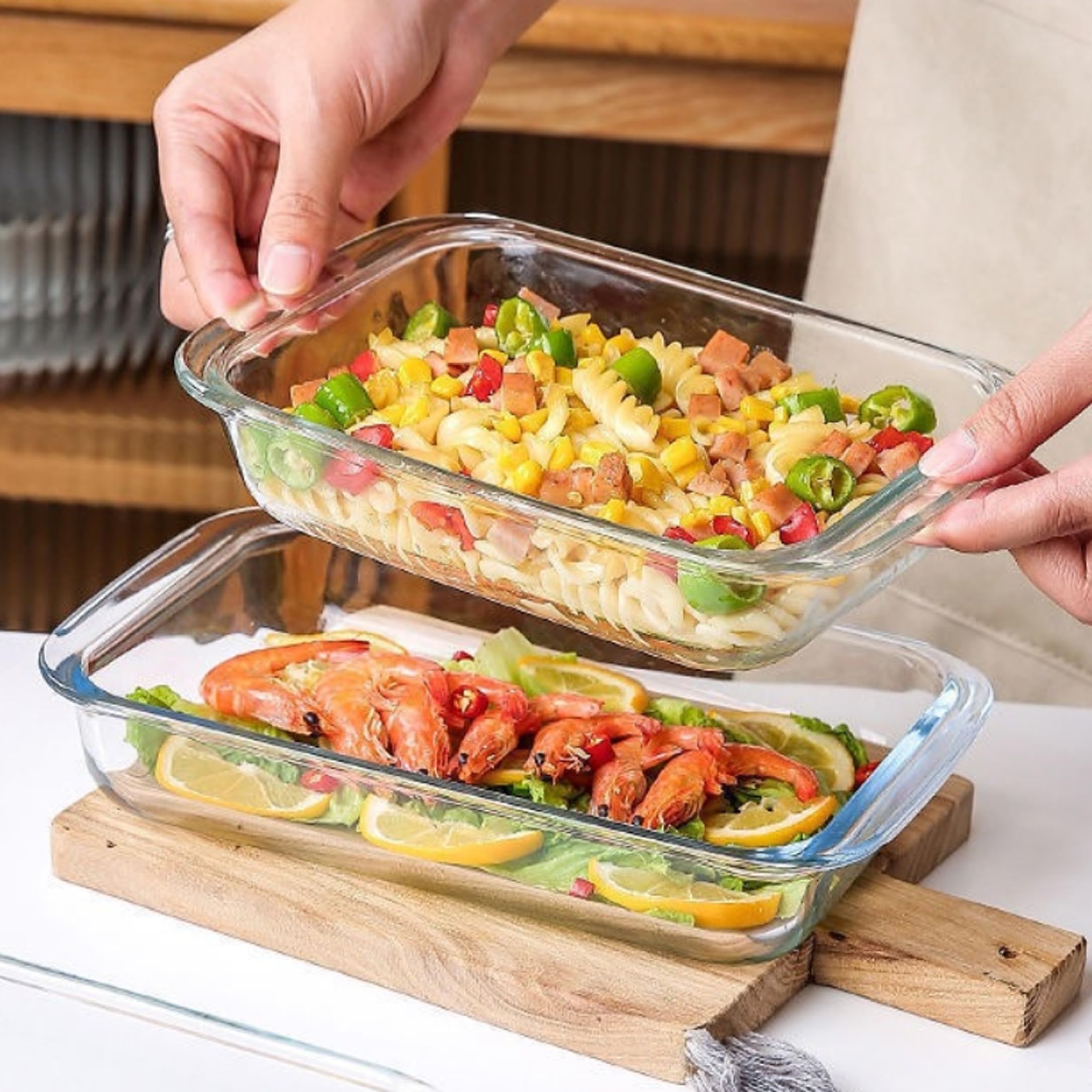 Teglia in vetro Teglia in vetro per forno rettangolare trasparente borosilicato alto da 3, 8 l con manici.