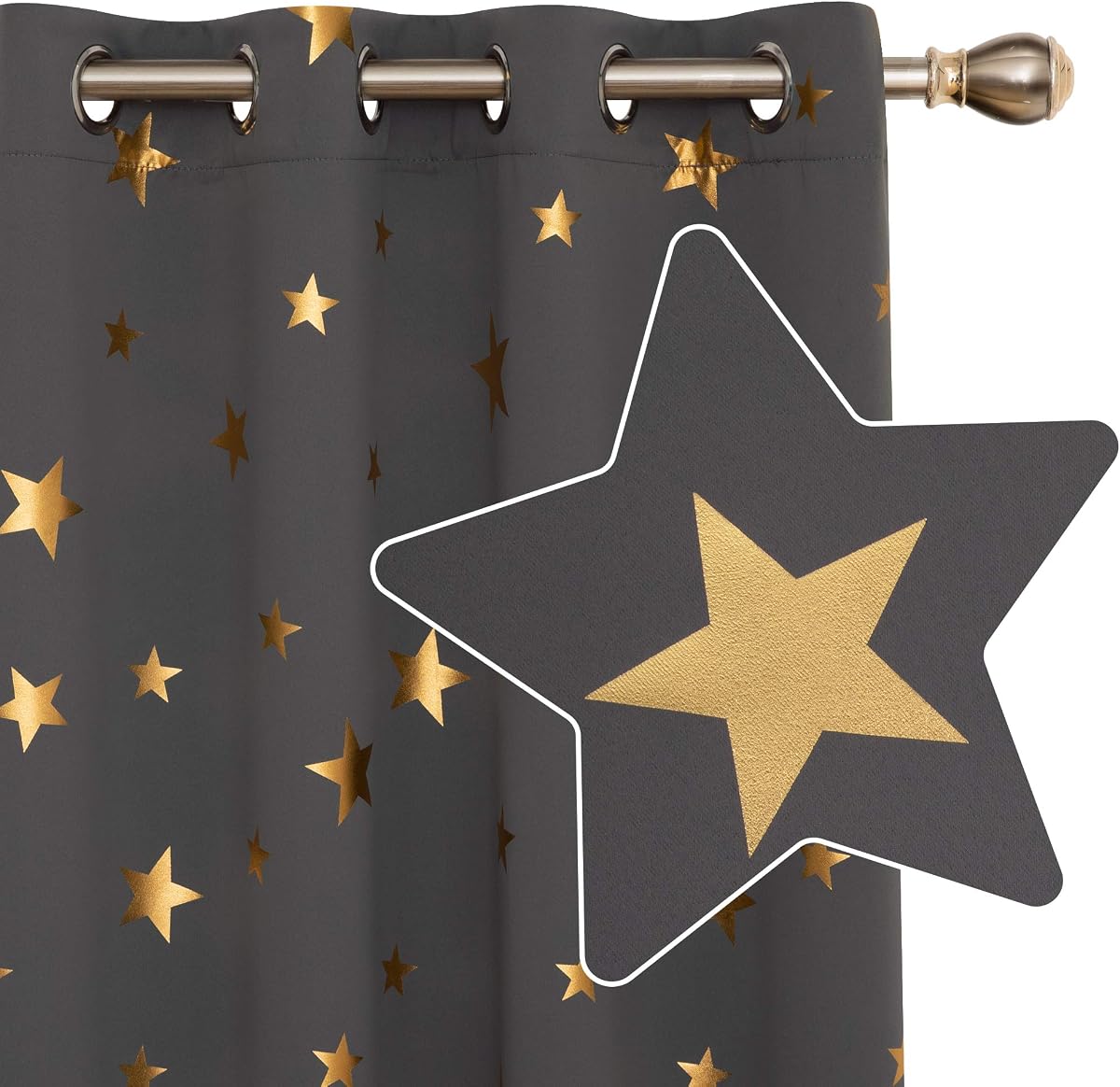 Cortinas opacas con estampado de estrellas doradas, oscurecimiento de la habitación, aislamiento térmico, bloqueo solar, paneles de cortina con ojales para sala de estar, gris oscuro, 52 x 45 pulgadas, 2 paneles