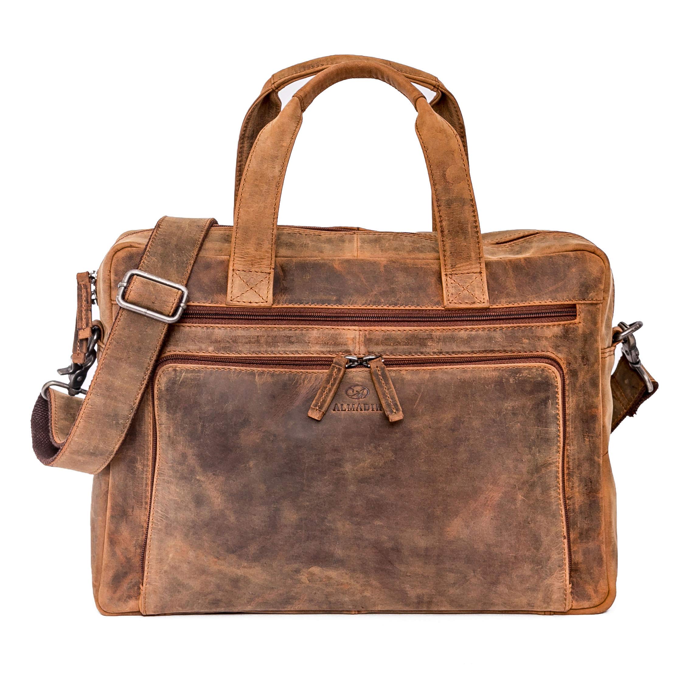 ALMADIH Leder Businesstasche Laptoptasche 15 Zoll Aktentasche Bruno tolle Aufteilung Leder Business Tasche Herren Damen Umhängetasche Unitasche Arbeitstasche Schultertasche Dokumententasche braun