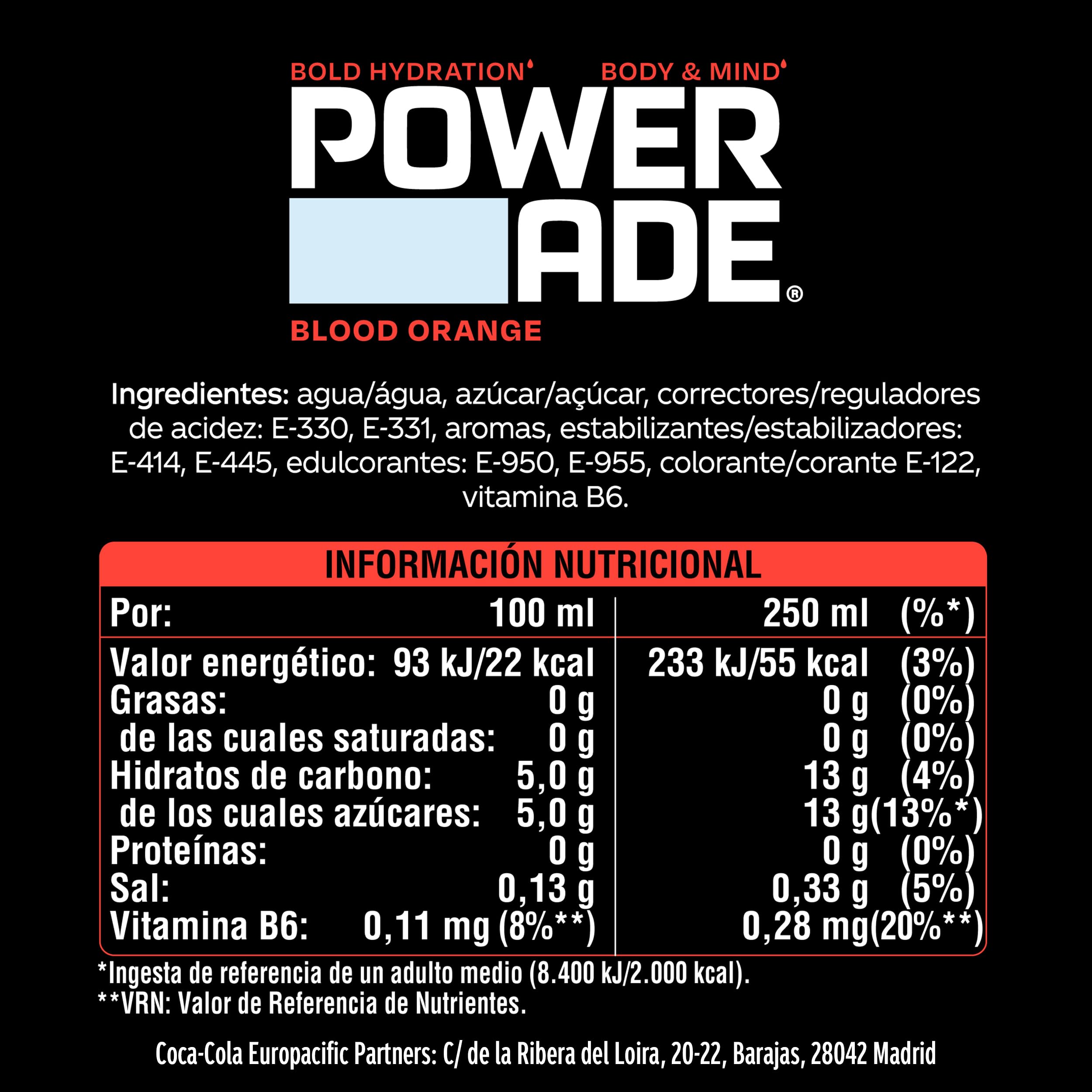 Powerade Bebida Isotónica Blood Orange, Sin Gluten y Refrescante - Pack de 12 Botellas de 500ml
