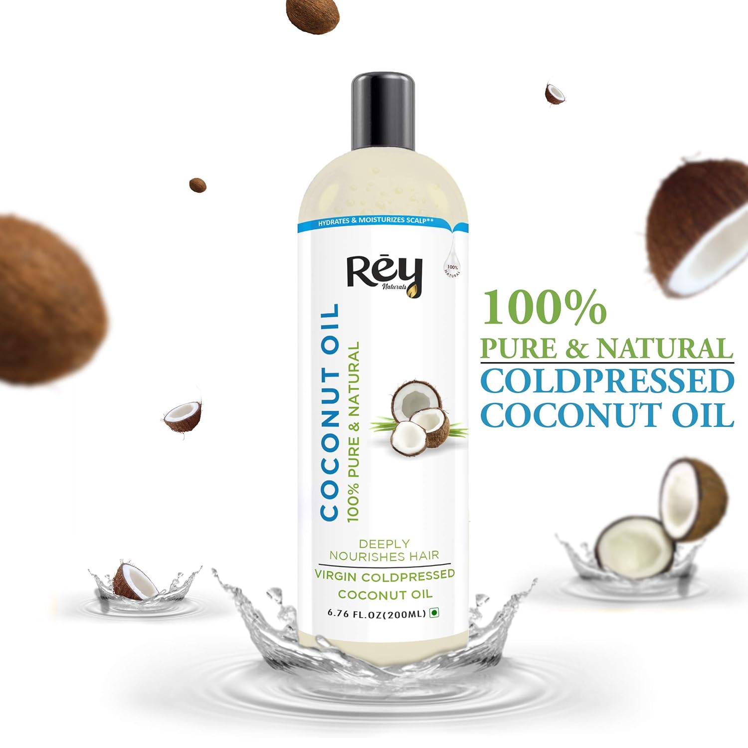 Rey Naturals Cold Pressed Coconut oil for hair and skin - 100% Pure & Natural Hair Oil 200 ml