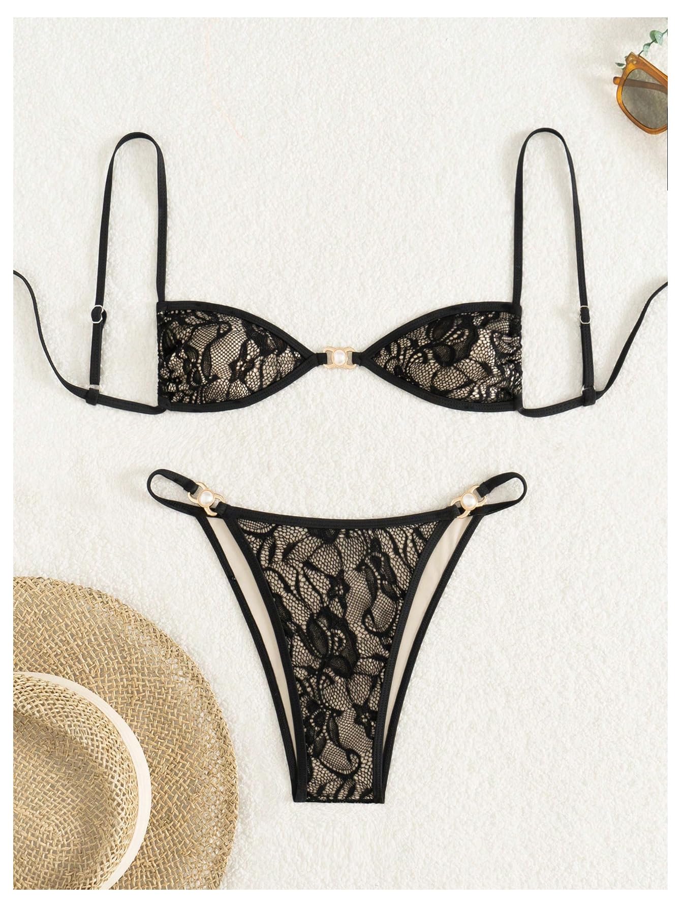 Damskie Bikini Z Kwiatową Koronką, Wysoko Wycięte Stringi 2-częściowy Strój Kąpielowy Siateczki, Czarny, Duży