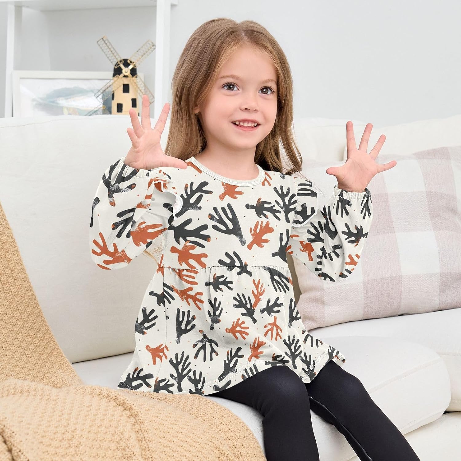 visesunny Toddler Clothes for Girls Antler Polka Dot Pattern Long Sleeve Fall Shirts Cotton Top with Ruffle Collar