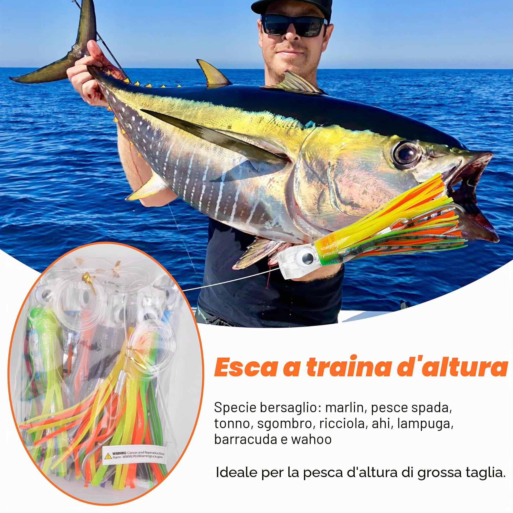 Esche da Traina per la Pesca in Acqua Salata, 5pezzi Offshore Esche da traino Big Game Saltwater per Mahi Tuna Marlin Dolphin Wahoo Esche da Pesca D'altura Polpo Gonne di Calamari Ganci Rigati