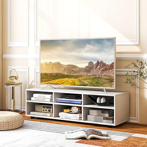 Miniatura 2 de LOKO Soporte de TV de 6 compartimentos para TV de más de 50 pulgadas, mesa consola de TV de madera blanca con 6 cubos de almacenamiento y estantes