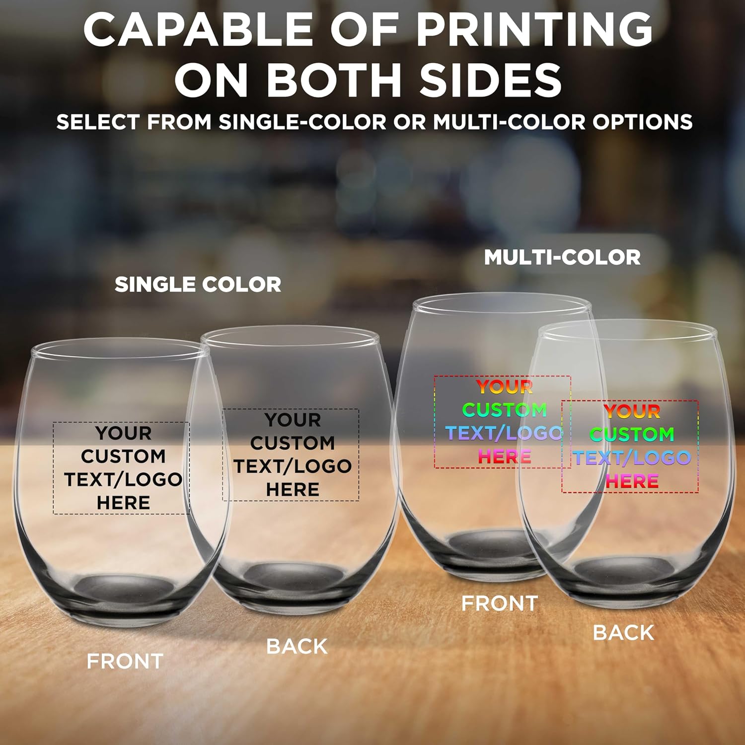 Custom Stemless Wine Glasses in Bulk by ARC Perfection, 15 oz, 10/50/100 pack, Personalized Text, Logo, Red or White Wine Glass - Black