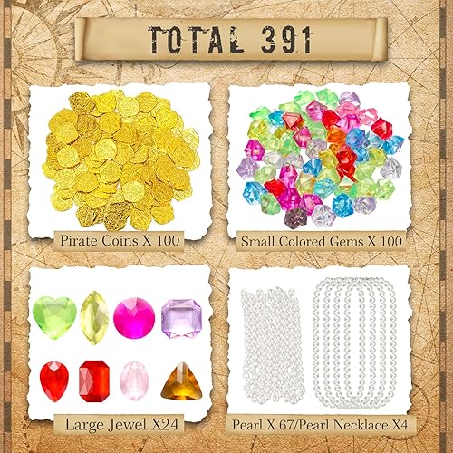 Miniatura 8 de Hanaive 319 piezas de monedas falsas de oro pirata pirata de plástico, gemas piratas y joyas, decoración de fiesta pirata, tesoro para aventuras