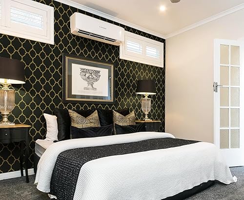 Miniatura 3 de GloryTik Papel tapiz de 17.7 x 197 pulgadas, color negro y dorado, papel tapiz geométrico con patrón de enrejado, extraíble, moderno, papel adhesivo