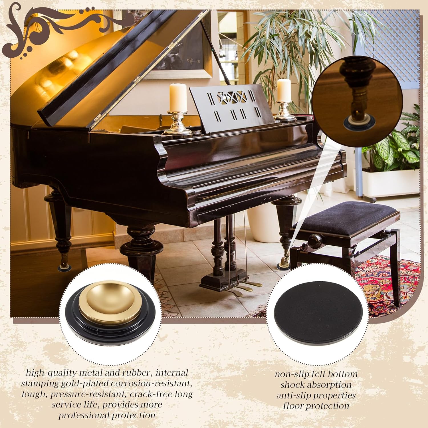 4 Pcs Piano Caster Cups, Metal Rubber Caster Cups for Hardwood Floors, Grand Piano Floor Protectors, Heavy Duty Non-Slip Felt Bottom Leg Pads for Furniture