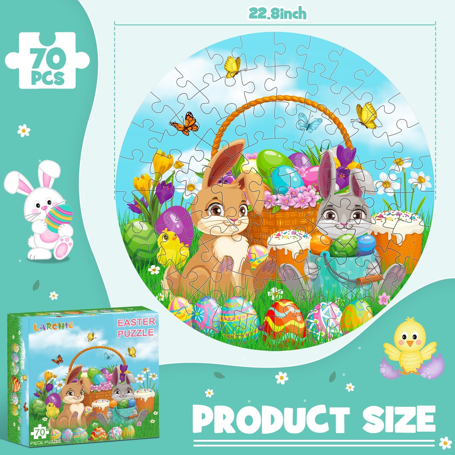 70pcs Easter Floor Puzzles for Kids Age 3-8, Easter Basket Stuffer Gifts for Kids Boy Girls Jumbo Bunny Puzzles Egg Hunt Party Favors