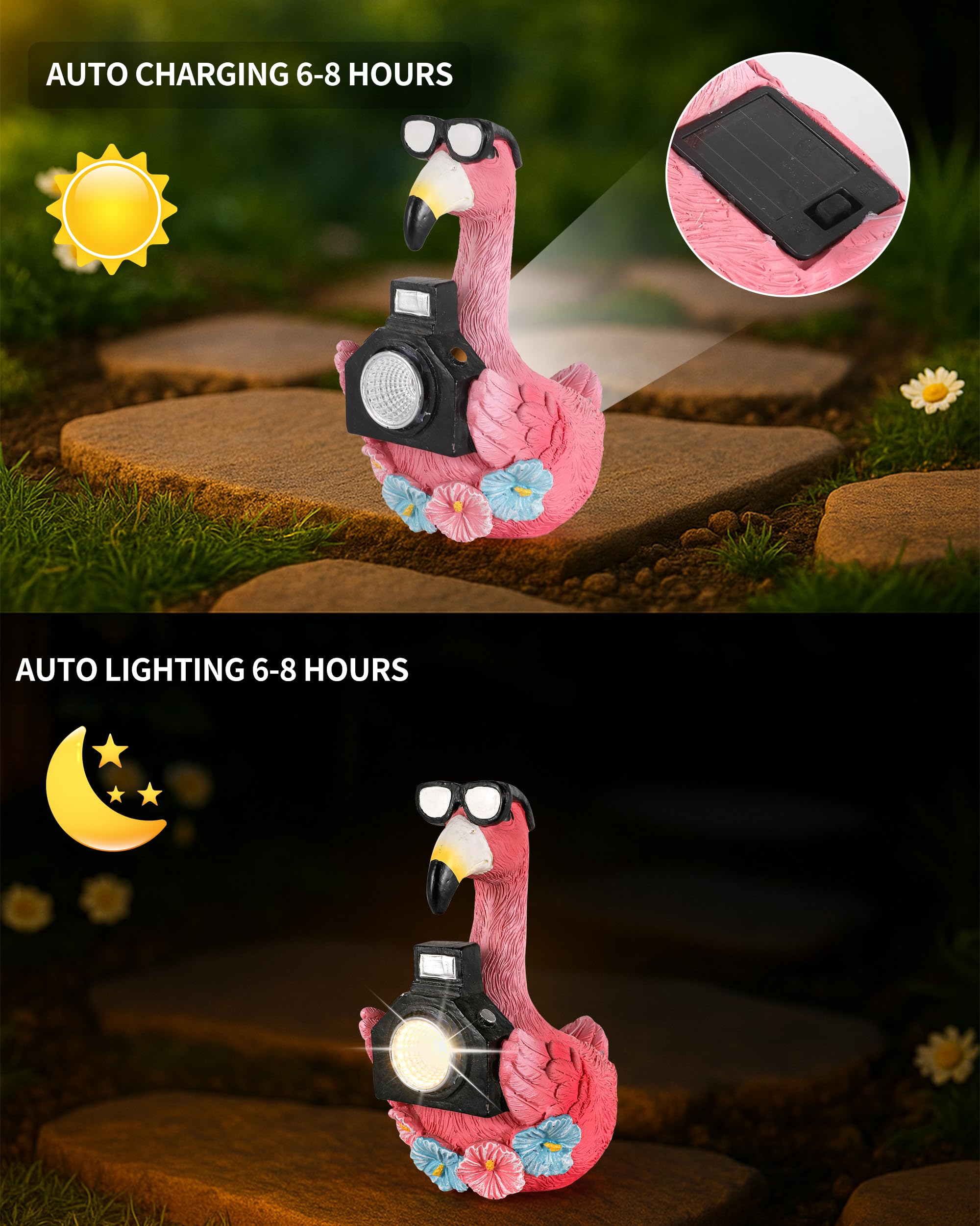 Estatua solar de jardín de flamenco con luz de cámara, figura solar de 5.5 pulgadas de alto para patio, balcón, decoración divertida de jardín, regalo para mujeres (flamenco)