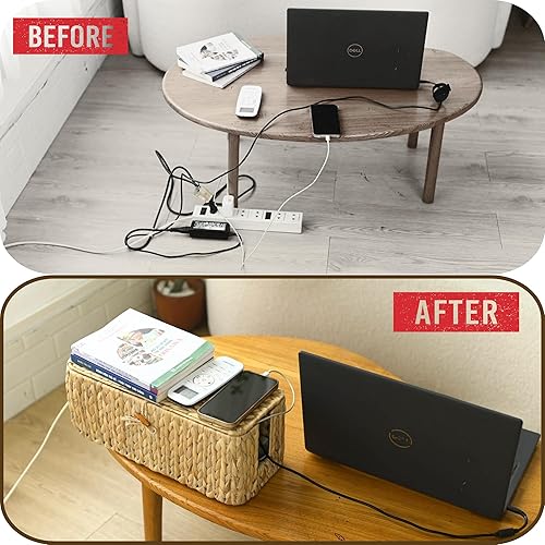 Miniatura 5 de Juego de 2 cajas de gestión de cables de mimbre con tapa, 2 ranuras abiertas, caja grande para cables oculta, cesta de gestión de cables de