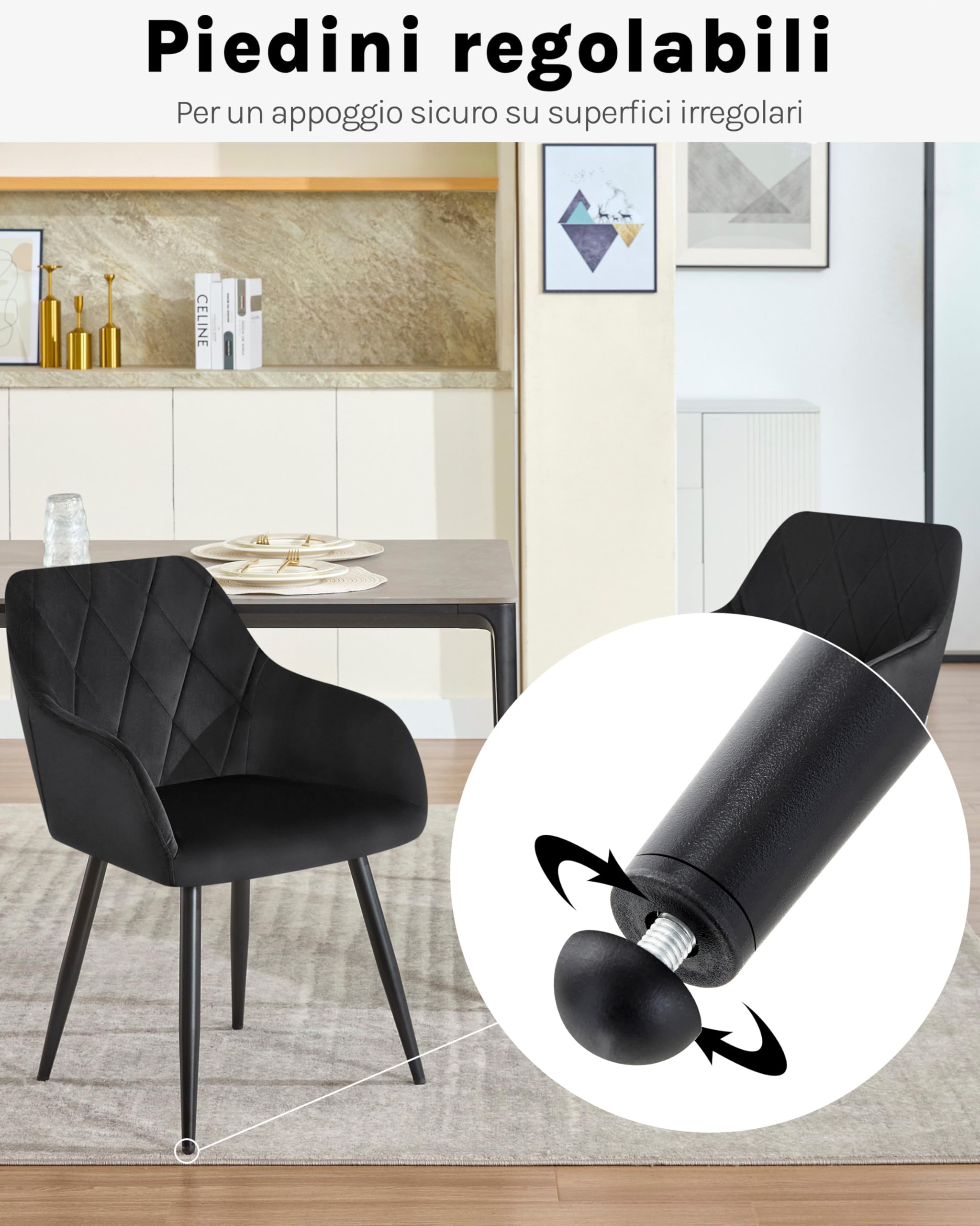 WOLTU Set di 6 Sedie per Sala da Pranzo Imbottita, Poltroncina in Velluto,Sedia da Cucina con Braccioli e Schienale, Gambe in Metallo, Nero,