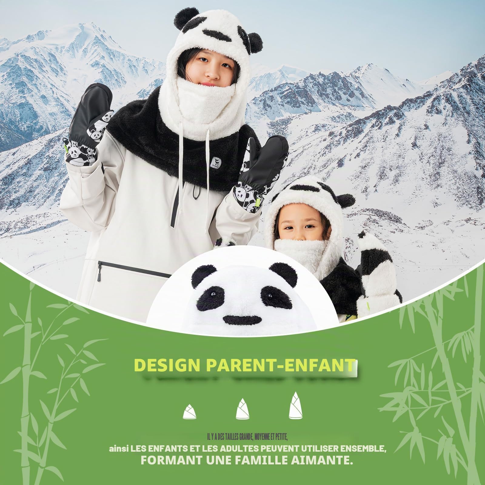 Cagoule Panda Parent-Enfant Hiver Masque Intégral Écharpe 2 en 1 Balaclava Épais Coupe-Vent Charmant Polaire Réversible Moto Vélo Ski avec Casque Casquette Cordon Serrage Noir Blanc S/M/L
