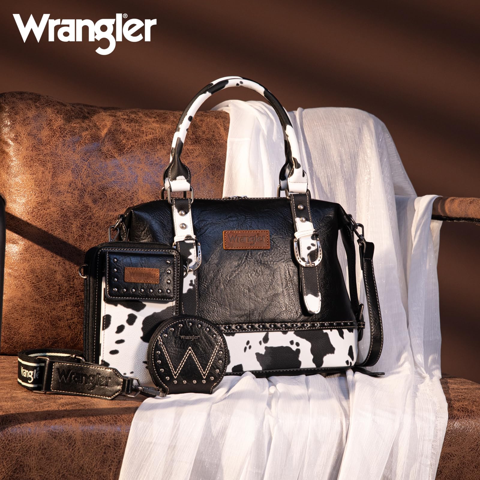 Wrangler Arzttaschen-Set für Damen, Top-Griff, Umhängetasche mit Handy-Handtaschen und Münzbörse, 3-teilig, Schwarzes Kuhmuster