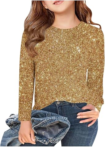 Girls Sparkly Sequin Shirts Long Sleeve T-Shirts Shiny Glitter Gifts Tops Tees for Kids 3-14 Years